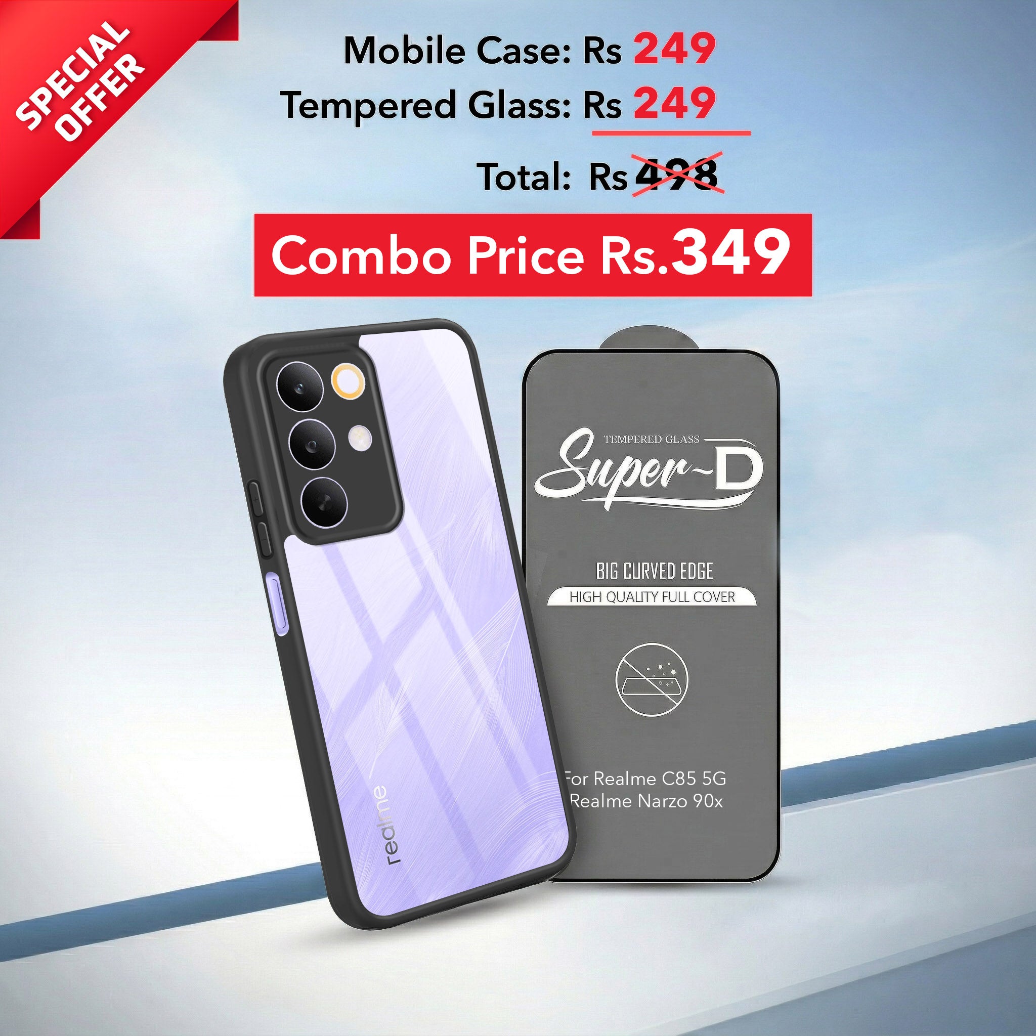 For Realme C85 5G | Realme Narzo 90x Combo with Back Cover and 9H Tempered Glass (Lifetime Anti-Yellow | Crystal Clear Shockproof | Oleophobic Coating Screen Glass)