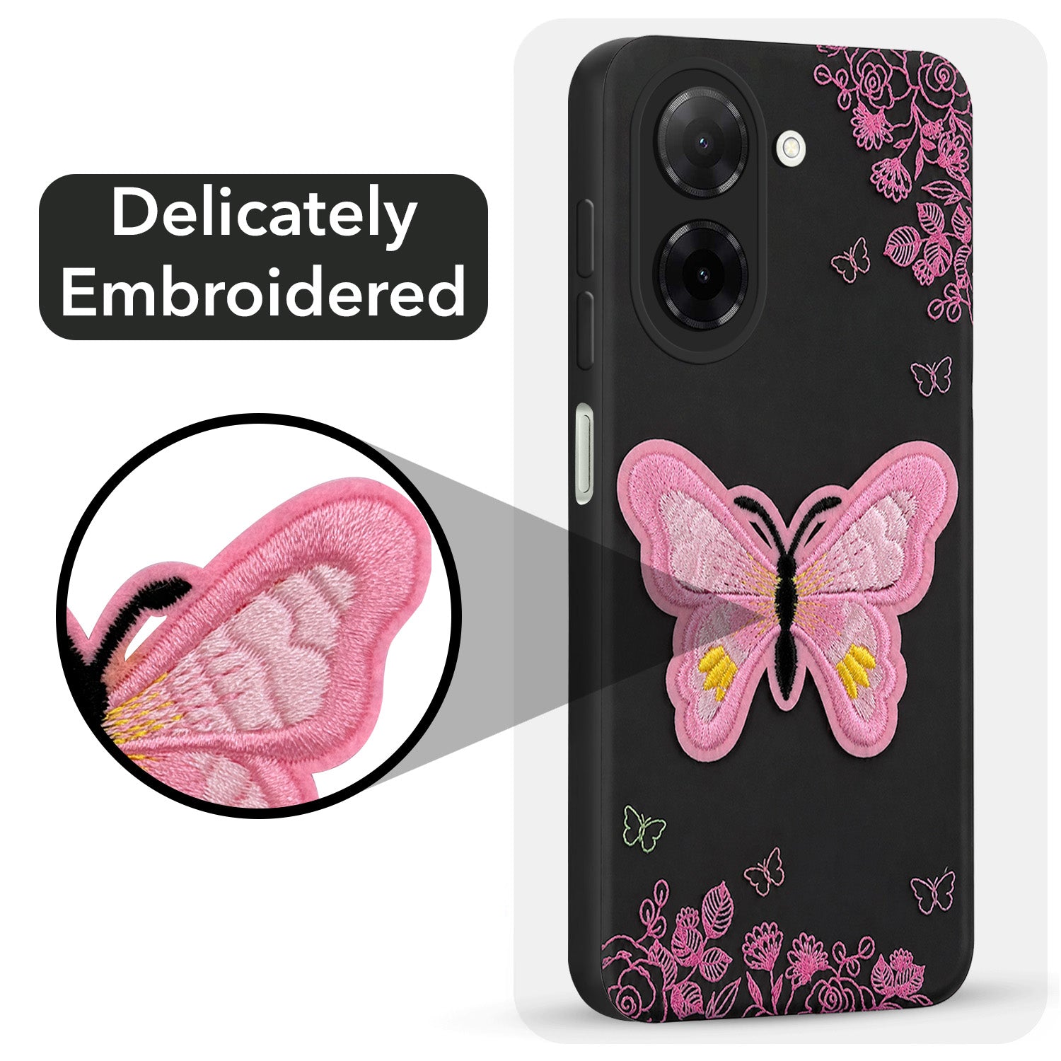 For Redmi A5 4G Back Cover Case (Soft Butterfly Embroidery | Women Teen Girls | Camera Protection| Matte Silicone)