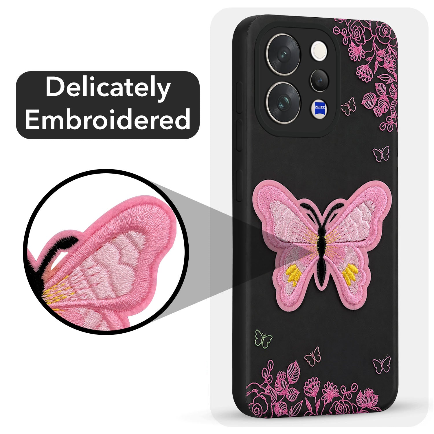 For Vivo V70 | Vivo V70 Elite 5G Back Cover Case (Soft Butterfly Embroidery | Women Teen Girls | Camera Protection| Matte Silicone)