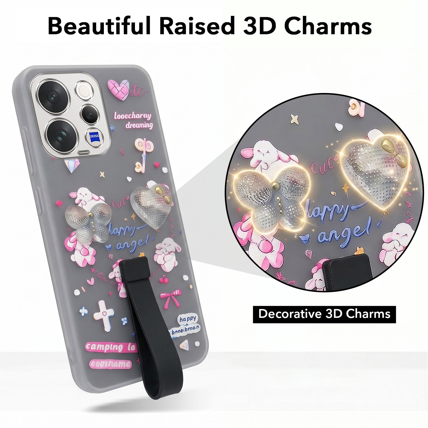 For Vivo V70 | Vivo V70 Elite 5G Back Cover Case (3D Cute Heart Strap Holder | Camera Protection | Designer Girls Print)