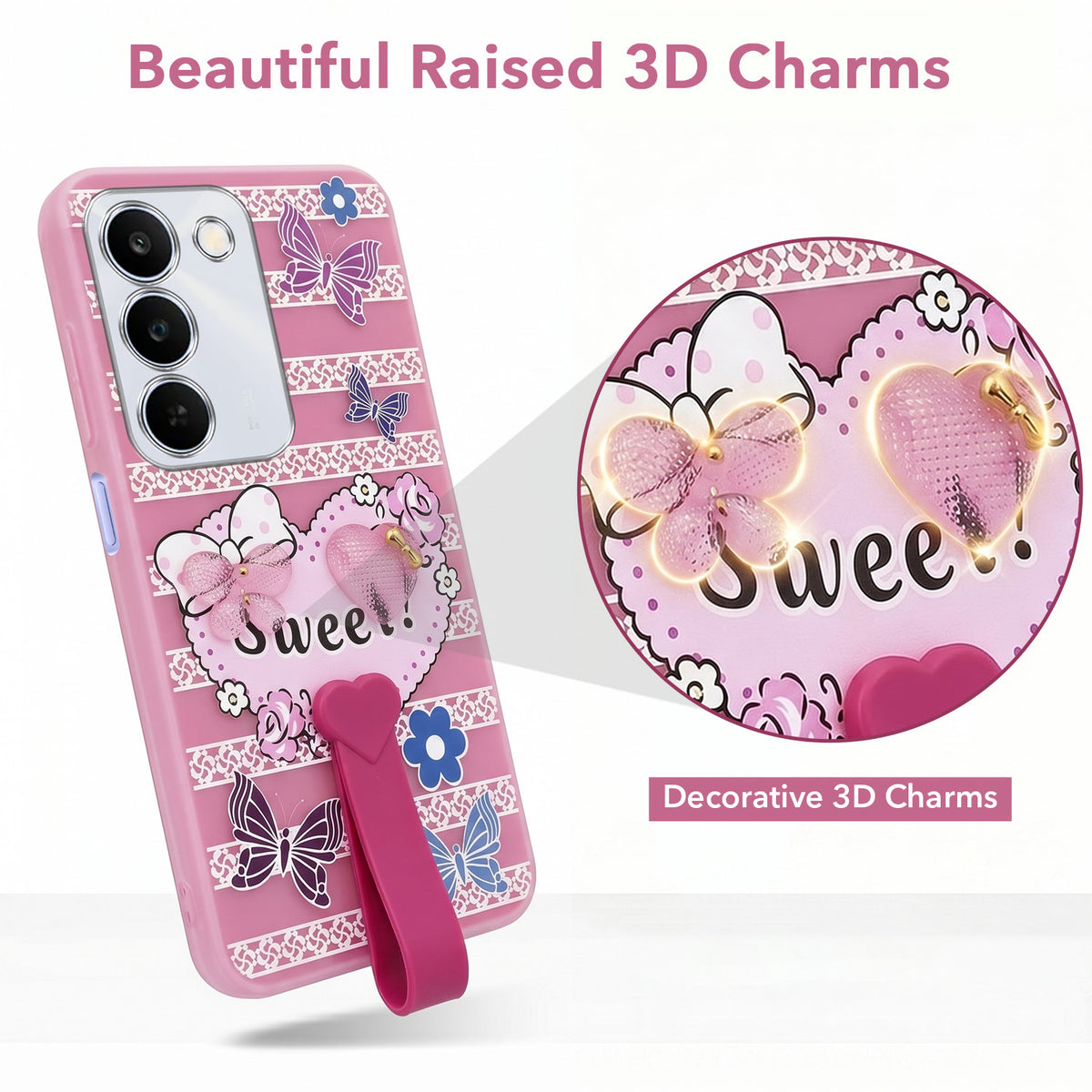 For Realme P4 Lite 5G | Narzo 100 Lite 5G Back Cover Case (3D Cute Heart Strap Holder | Camera Protection | Designer Girls Print)