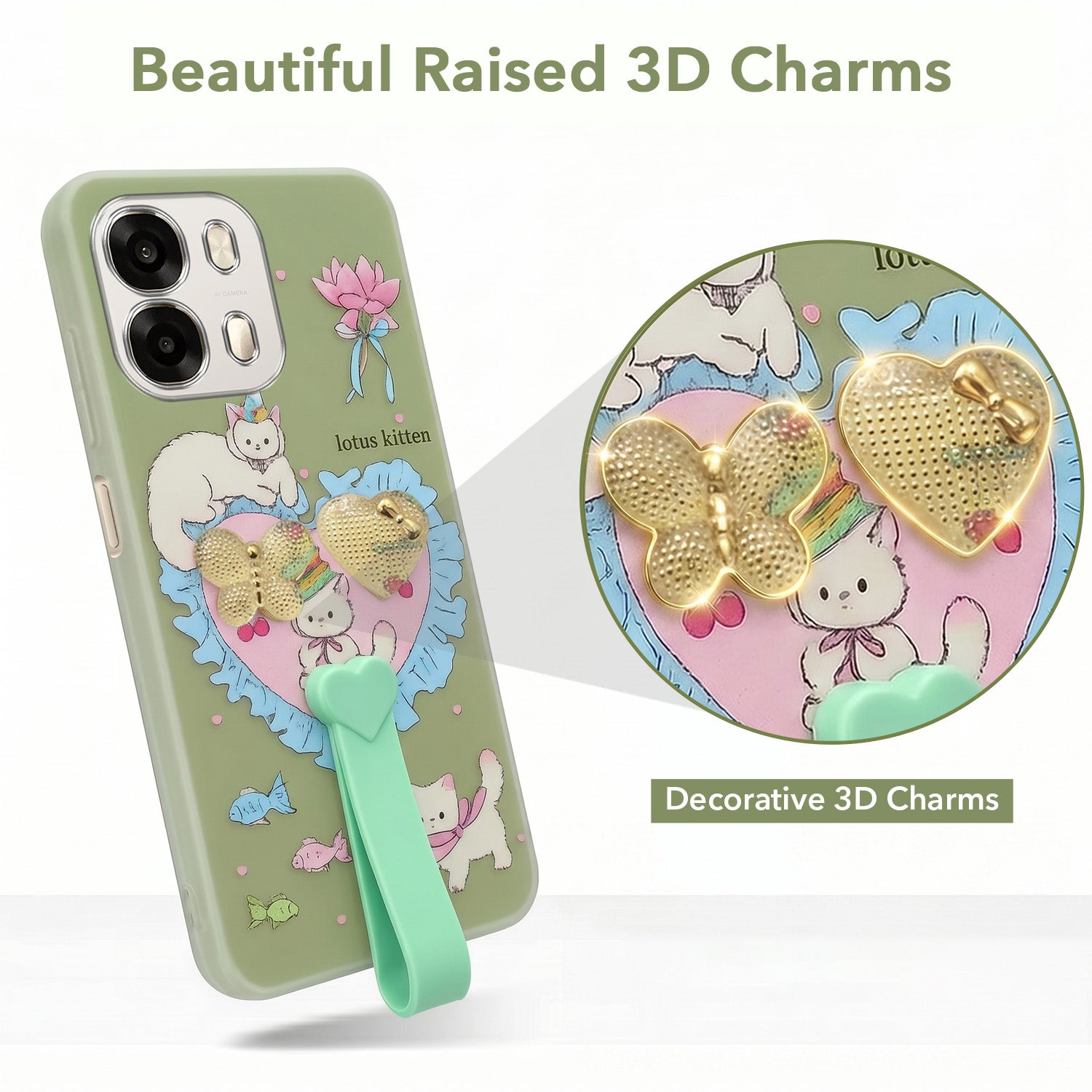 For Oppo A6 Pro Back Cover Case (3D Cute Heart Strap Holder | Camera Protection | Designer Girls Print)