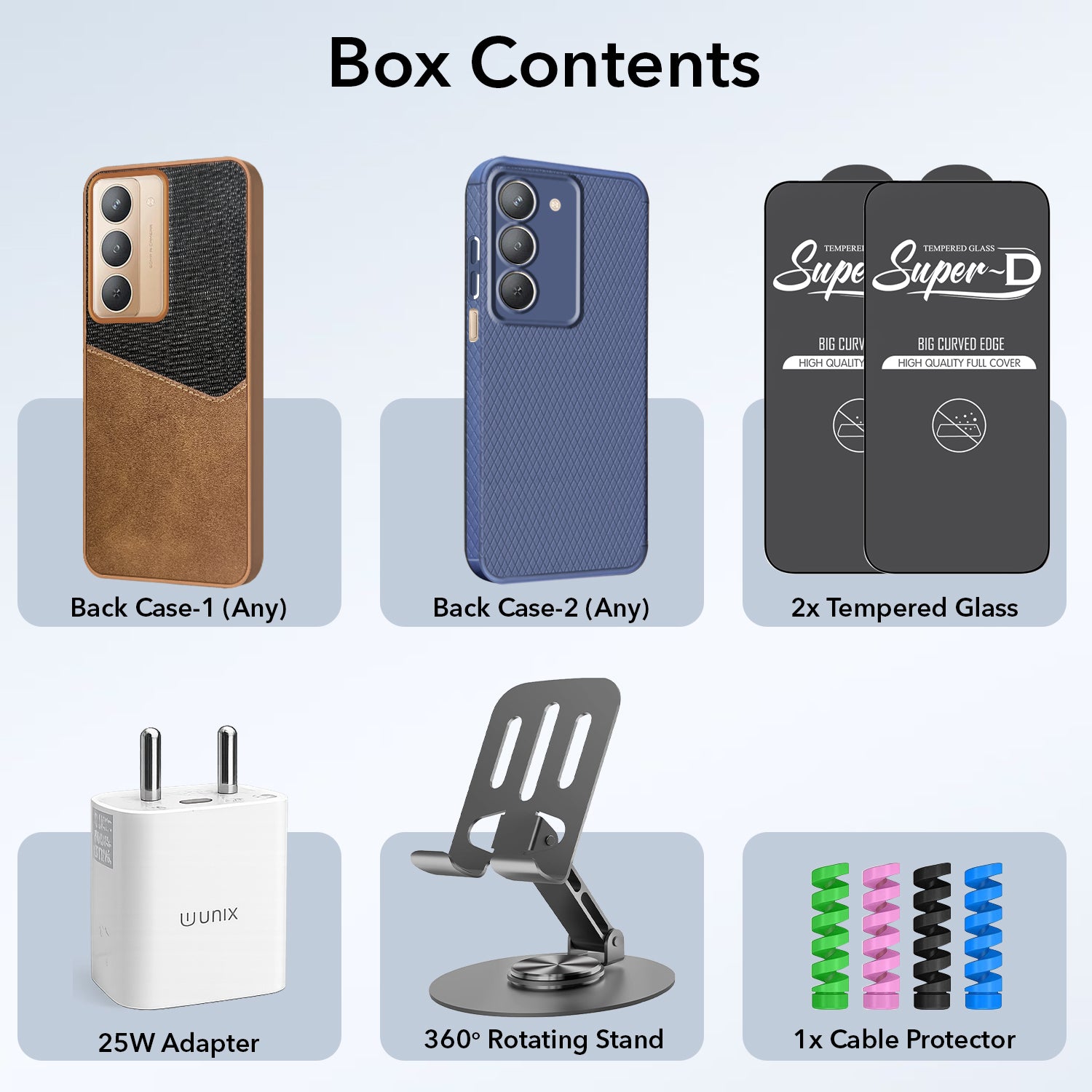 Complete Mobile Care Kit (Get Any 2 Cases+2 Tempered Glass+25W Charger Adapter+Metallic Mobile Stand+Cable Protector)