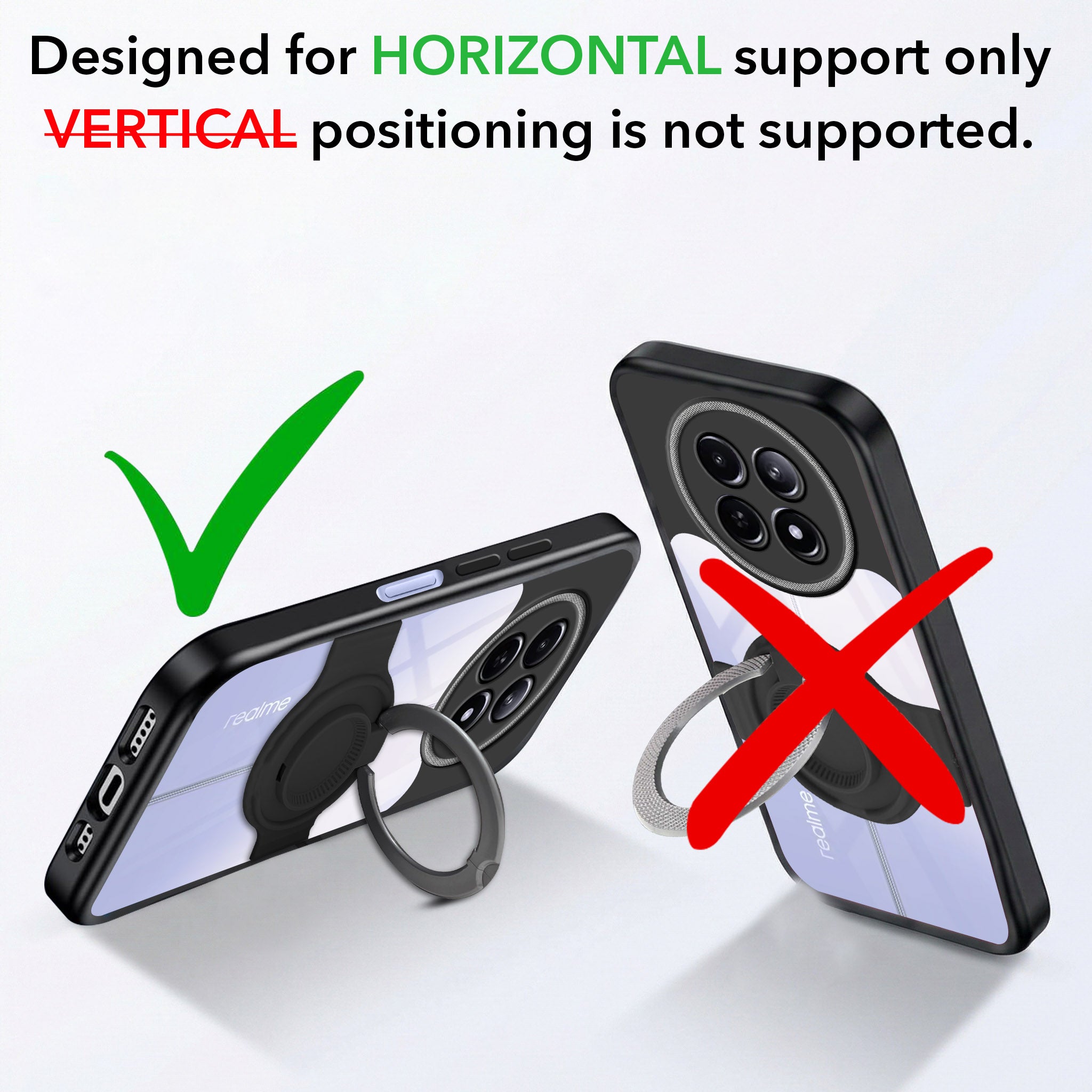 For Realme 12 | Realme 12X Back Cover Case with stand (Built-in Ring Holder Kickstand | Lifetime Anti Yellow | Camera Protection)