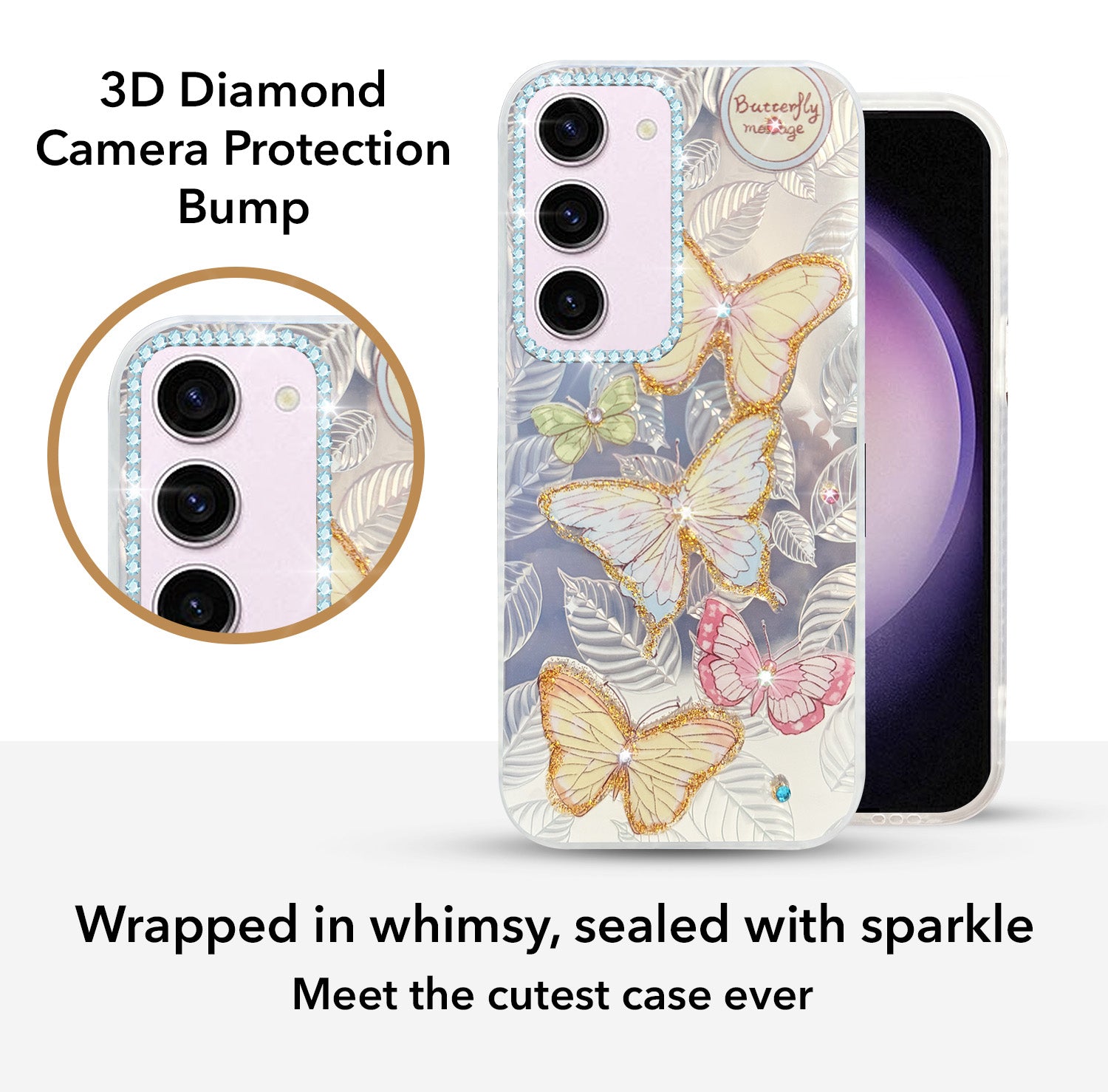 For Samsung Galaxy S23 5G Back Cover Case (Luxury Floral Glitter Cute Butterfly | Diamond Studded Camera Bump | Girls & Women Design)