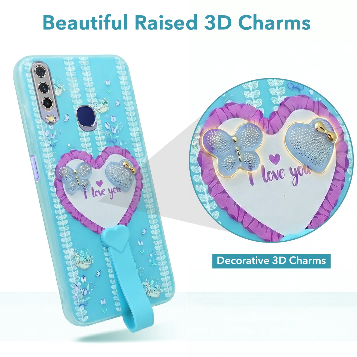 For Vivo Y12 | Y15 | Y17 Back Cover Case (3D Cute Heart Strap Holder | Camera Protection | Designer Girls Print)