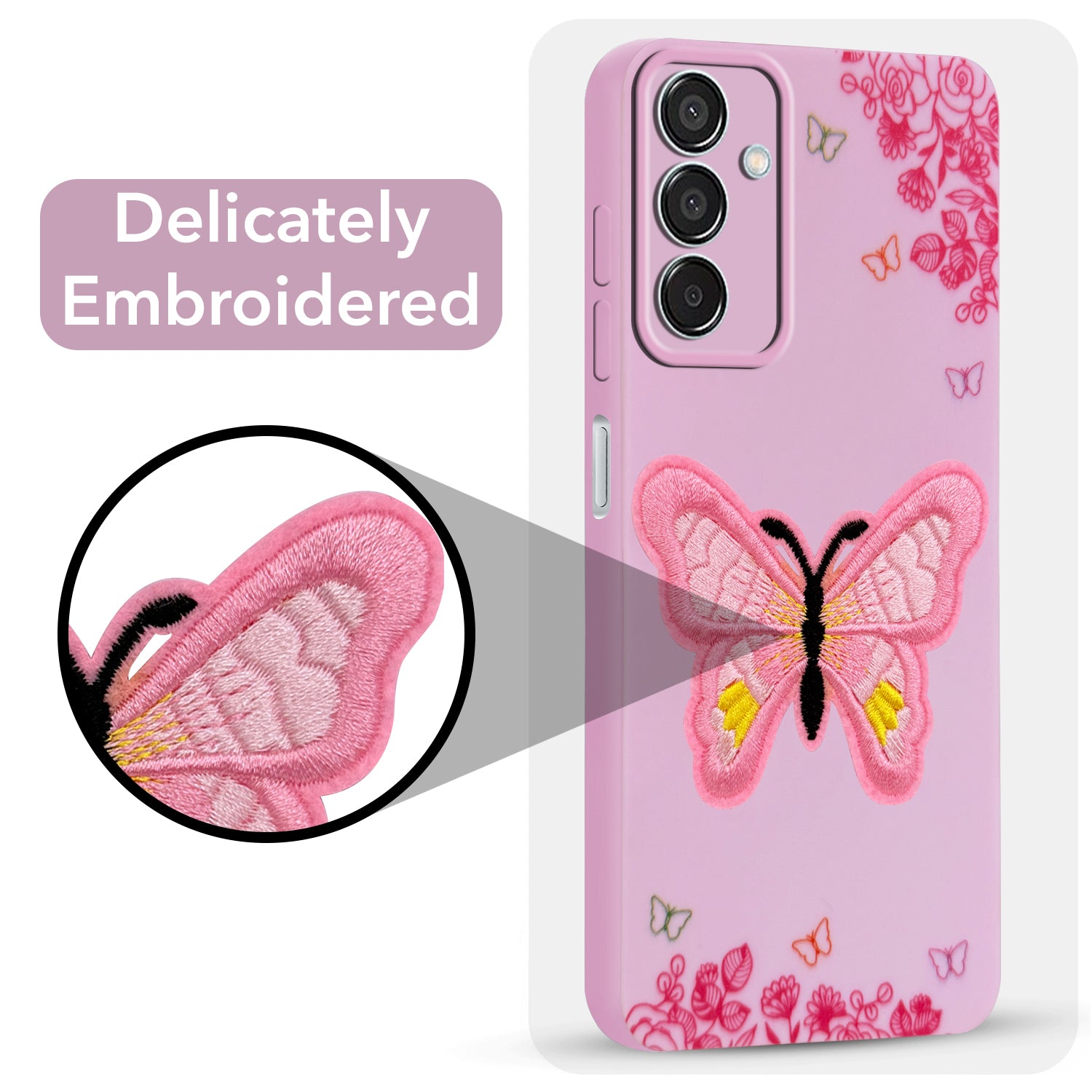 For Samsung Galaxy M15 5G Back Cover Case (Soft Butterfly Embroidery | Women Teen Girls | Camera Protection| Matte Silicone)