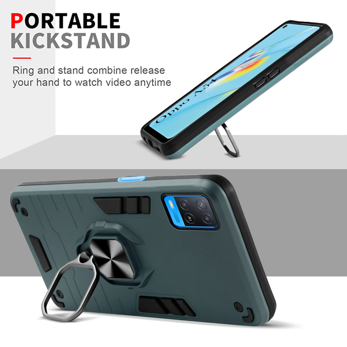 For Oppo A54 Back Cover Case Hybrid Armor (Shockproof Dual Layer Polycarbonate |Ring Holder Kickstand)