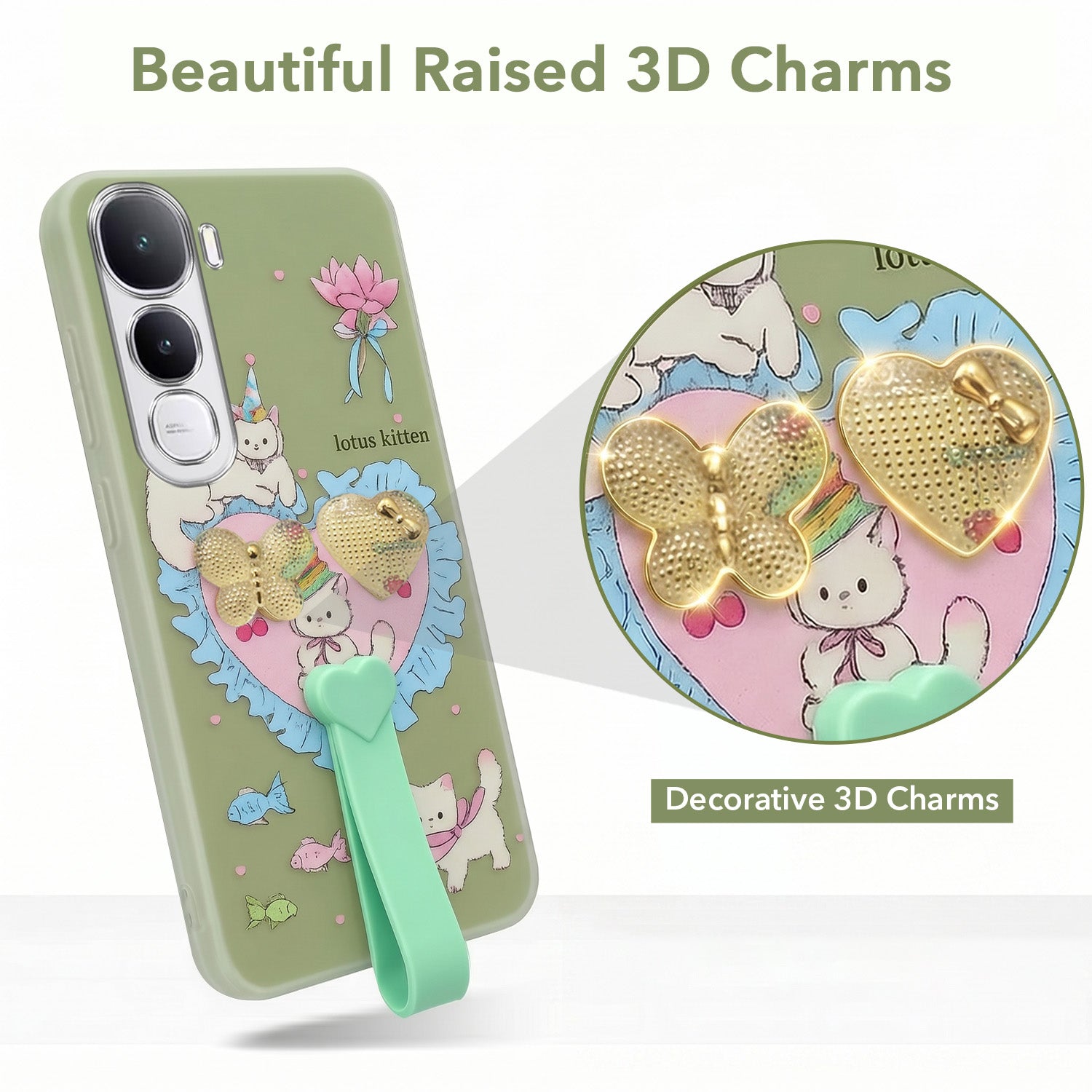For Vivo Y400 Back Cover Case (3D Cute Heart Strap Holder | Camera Protection | Designer Girls Print)