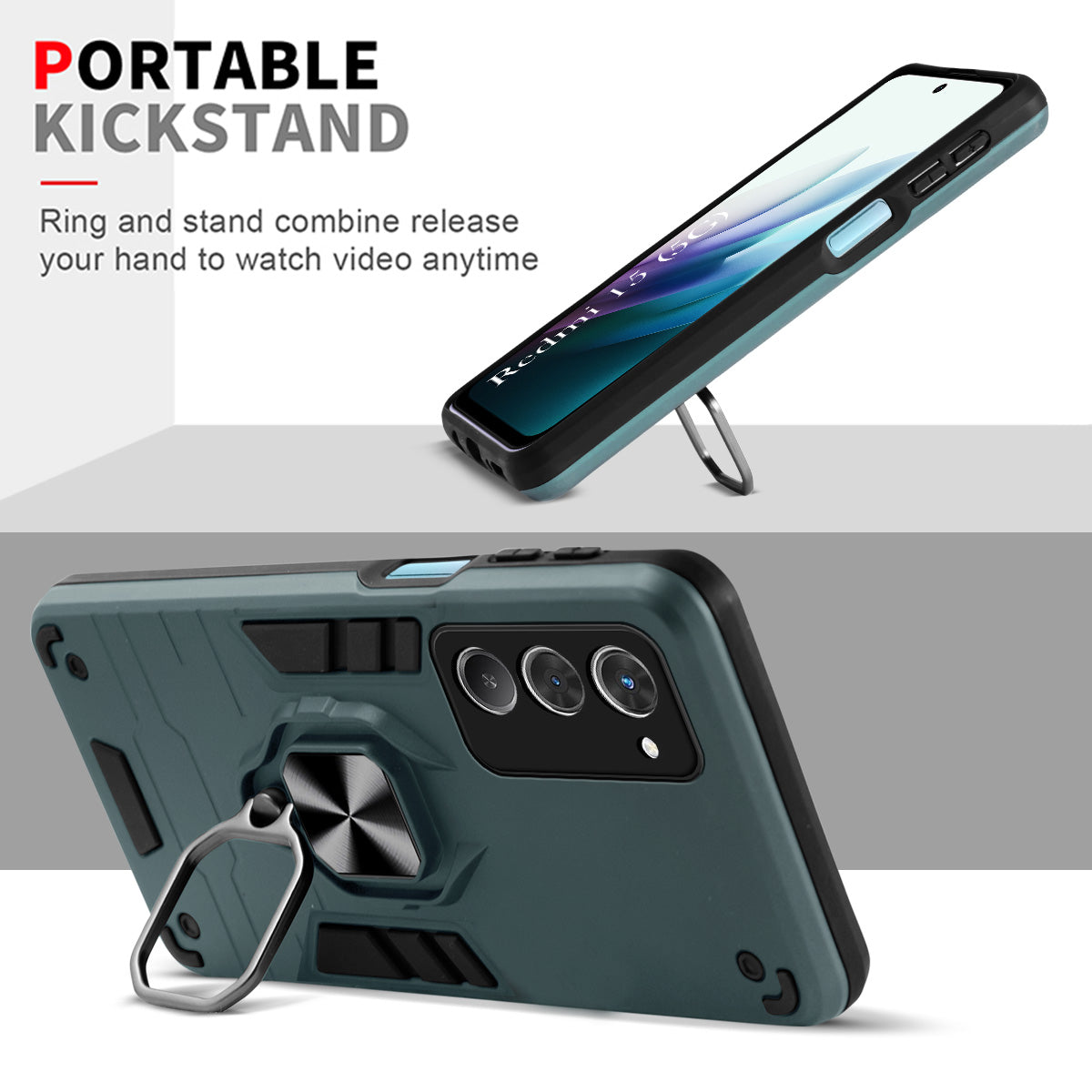 For Redmi 15 Back Cover Case (Shockproof Dual Layer Polycarbonate |Ring Holder Kickstand)