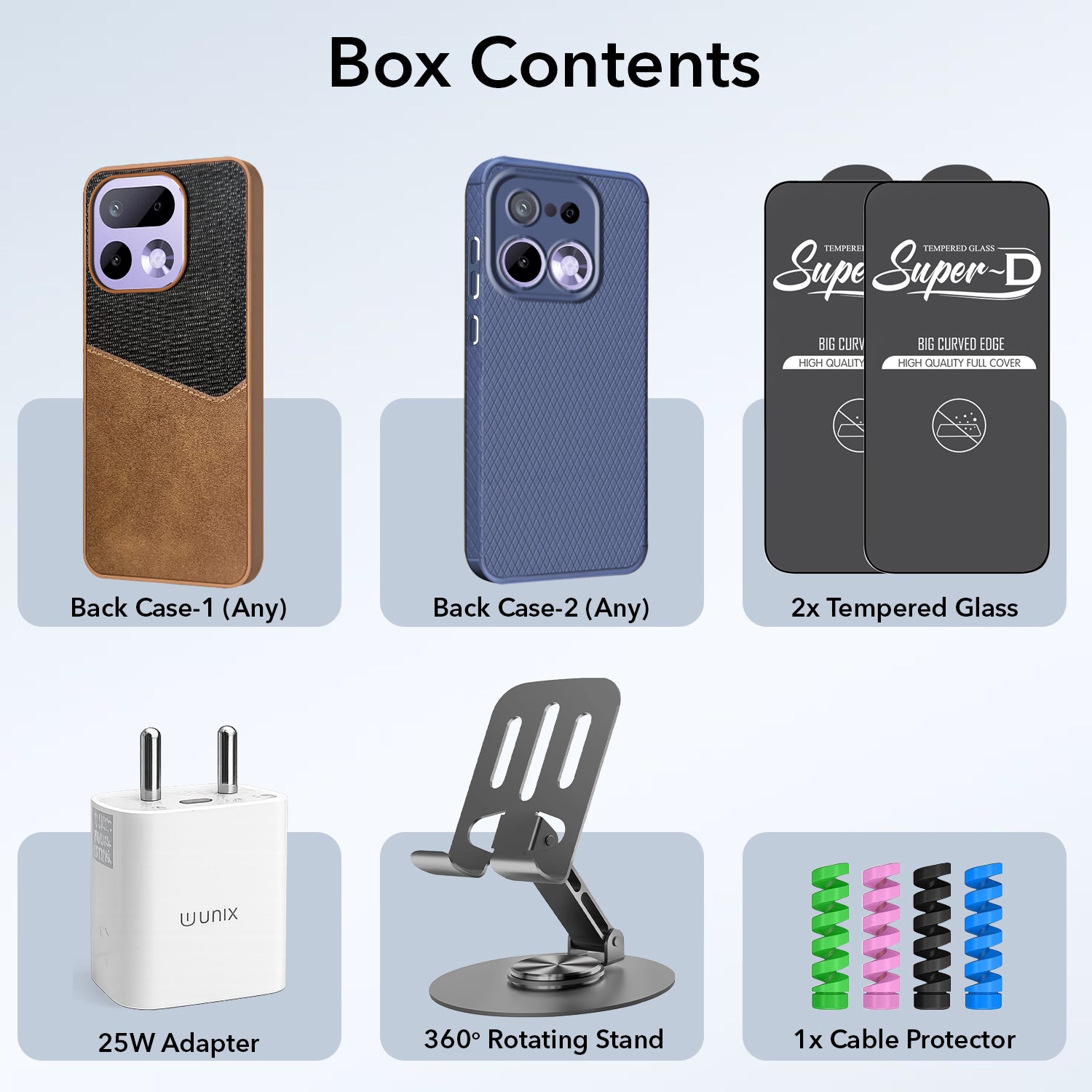 Complete Mobile Care Kit (Get Any 2 Cases+2 Tempered Glass+25W Charger Adapter+Metallic Mobile Stand+Cable Protector)