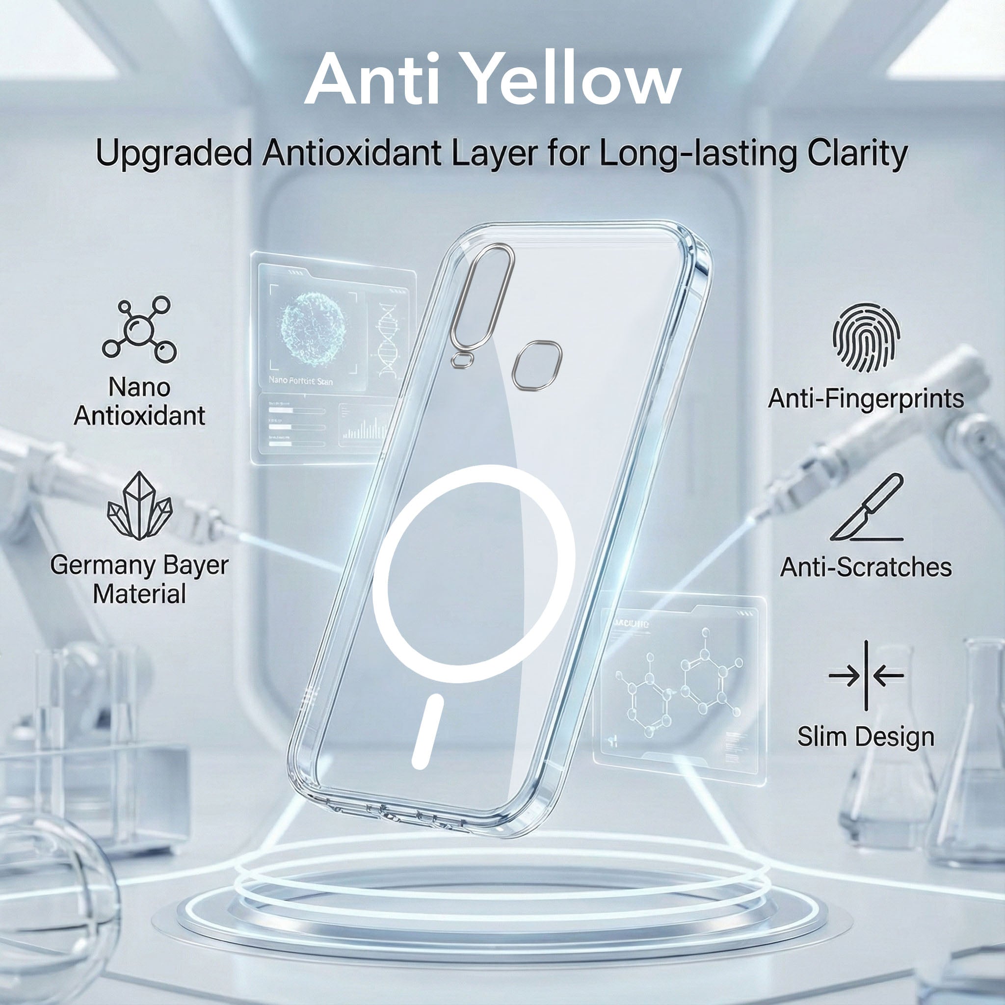 For Vivo Y12 | Y15 | Y17 Back Cover Case Lifetime Anti-Yellow MagSafe Compatible Clear (Sleek Hard Crystal | Shockproof and Camera Protection)