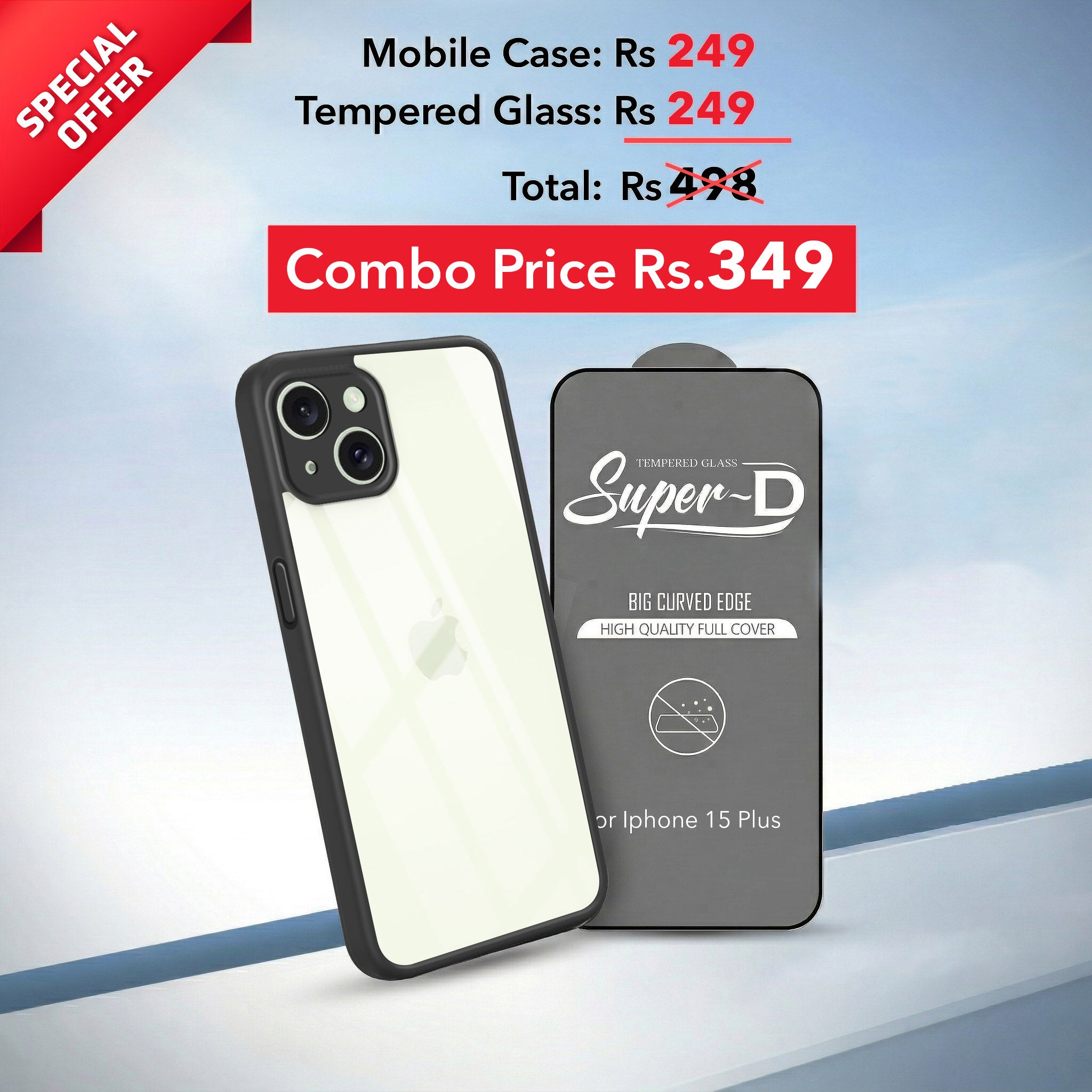For Apple iPhone 15 Plus Combo with Back Cover and 9H Tempered Glass (Lifetime Anti-Yellow | Crystal Clear Shockproof | Oleophobic Coating Screen Glass)