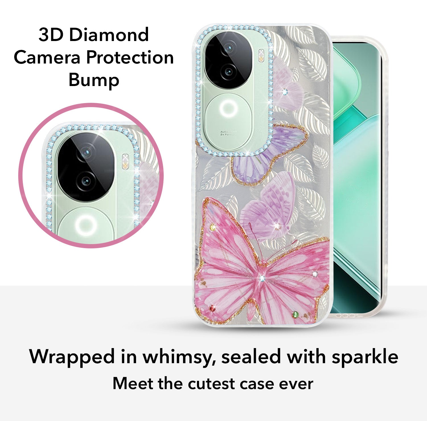 For Vivo iQOO Z9s  Back Cover Case (Luxury Floral Glitter Cute Butterfly | Diamond Studded Camera Bump | Girls & Women Design)