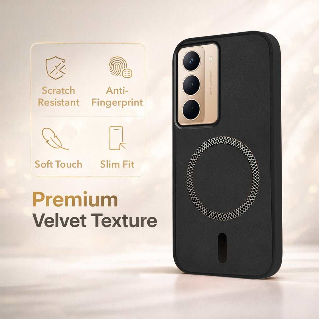 For Realme P3x Back Cover Case Leather Finish (MagSafe Compatible Wireless Charging | Soft Touch | Camera Bump Protection)