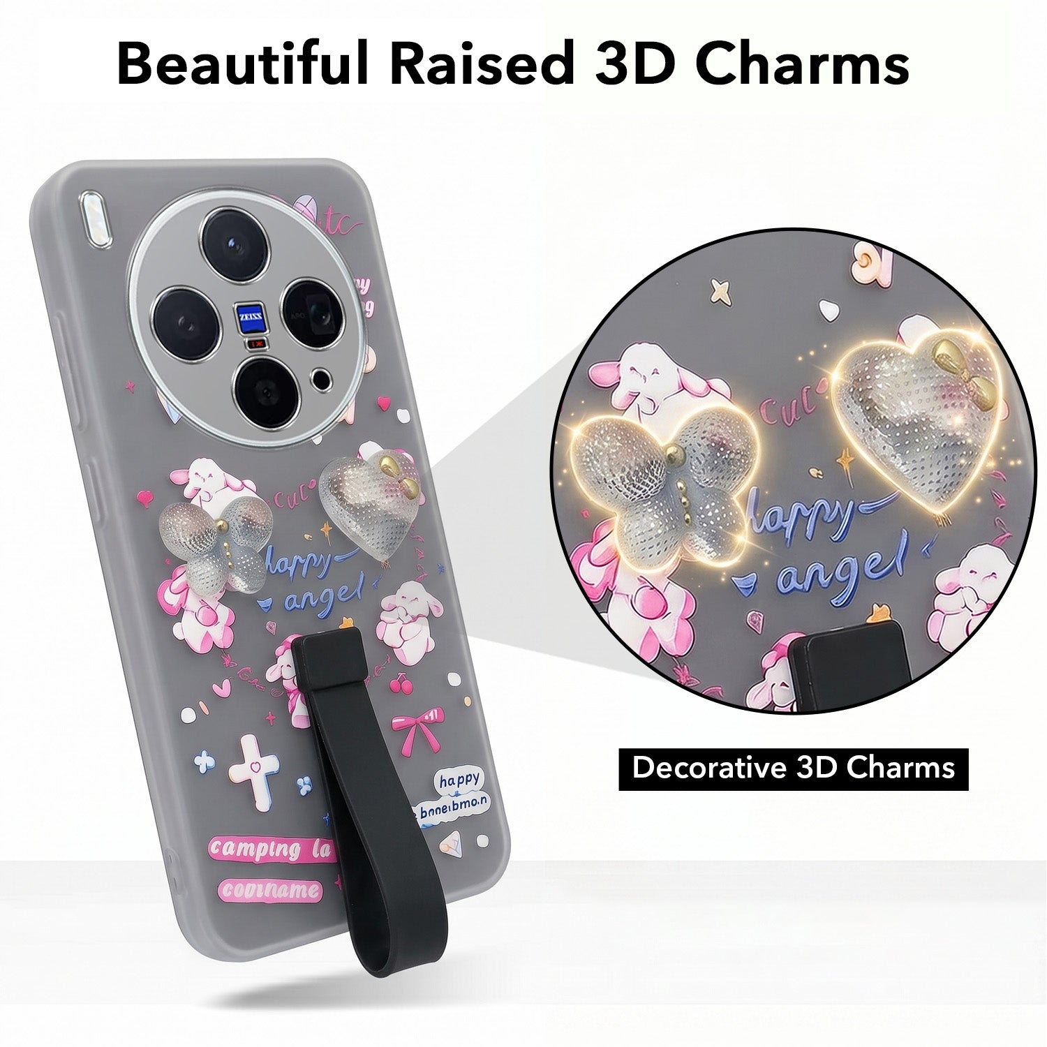 For Vivo X300 5G Back Cover Case (3D Cute Heart Strap Holder | Camera Protection | Designer Girls Print)
