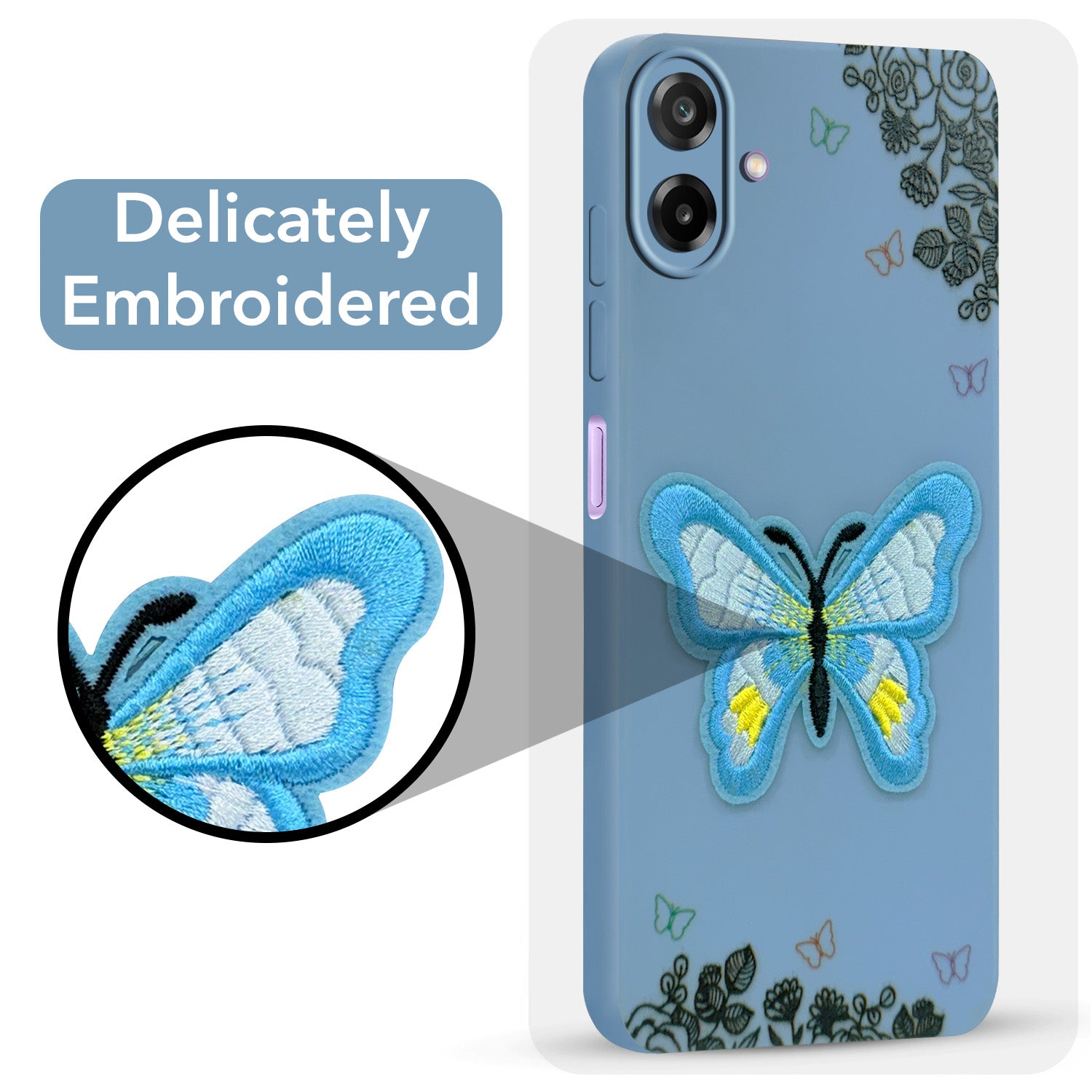 For Samsung Galaxy M17e Back Cover Case (Soft Butterfly Embroidery | Women Teen Girls | Camera Protection| Matte Silicone)