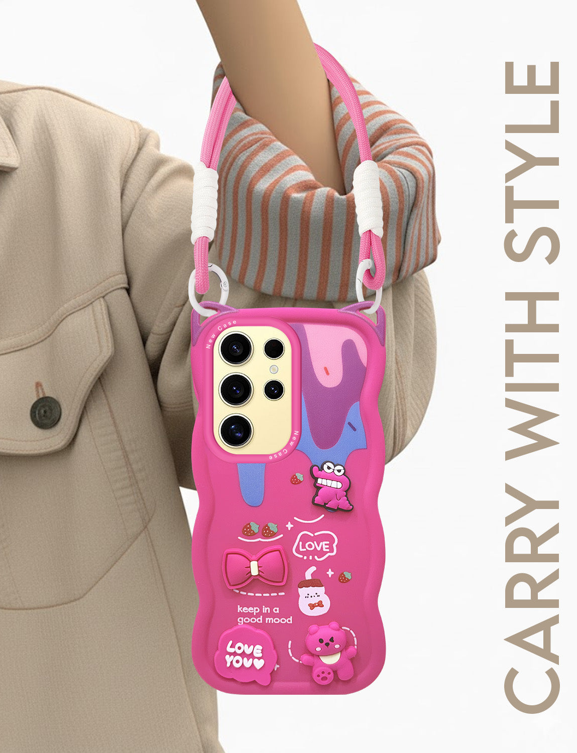 For Samsung Galaxy S24 Ultra Back Case Cover Strap (3D embossed Figures | Strap Holder | 360* Soft Cushion with Camera Bump)