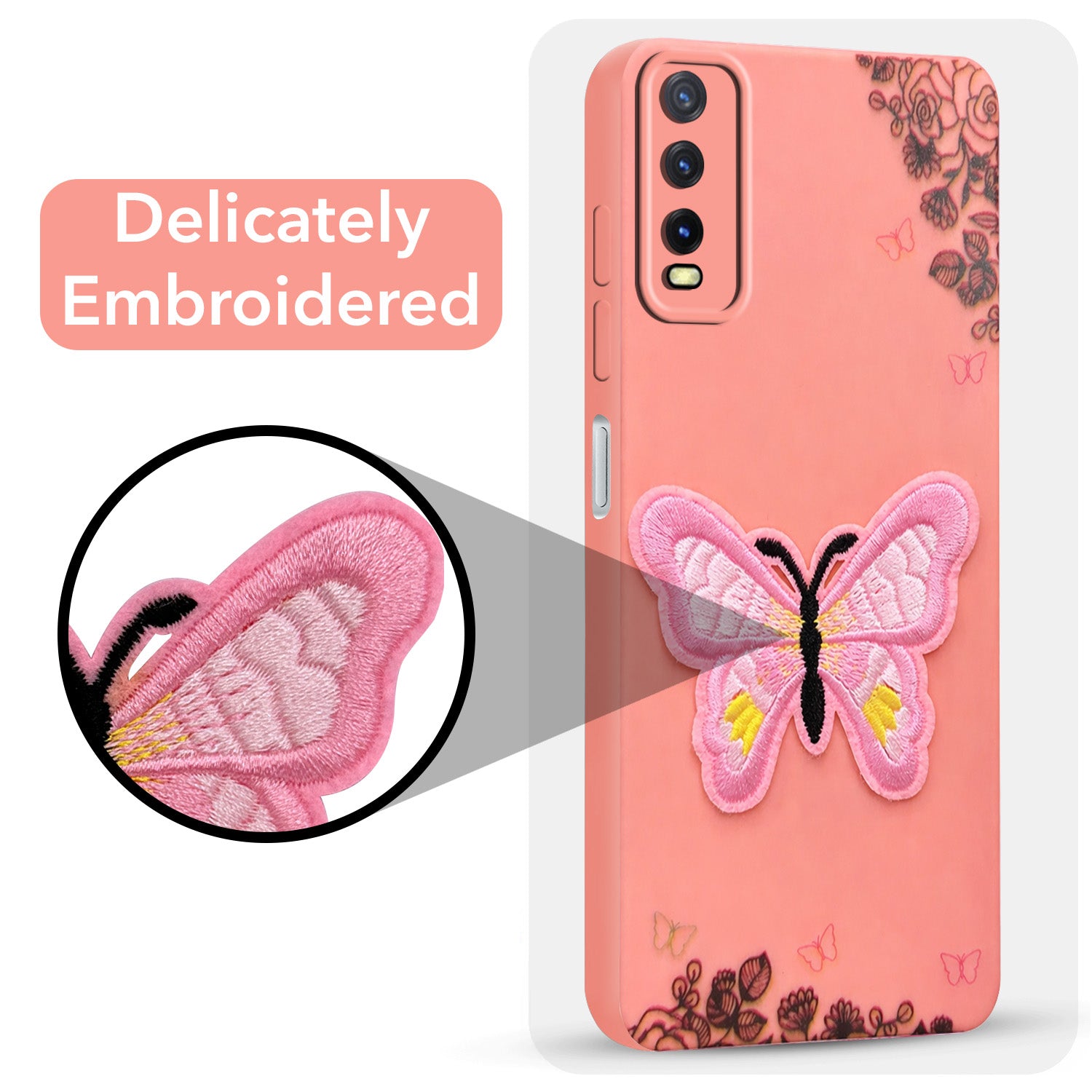 For Vivo Y20 | Y20i Back Cover Case (Soft Butterfly Embroidery | Women Teen Girls | Camera Protection| Matte Silicone)