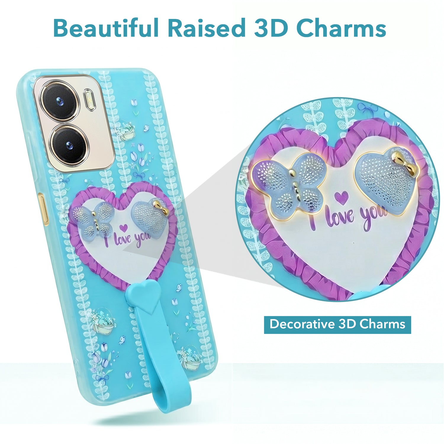 For Vivo T2x Back Cover Case (3D Cute Heart Strap Holder | Camera Protection | Designer Girls Print)