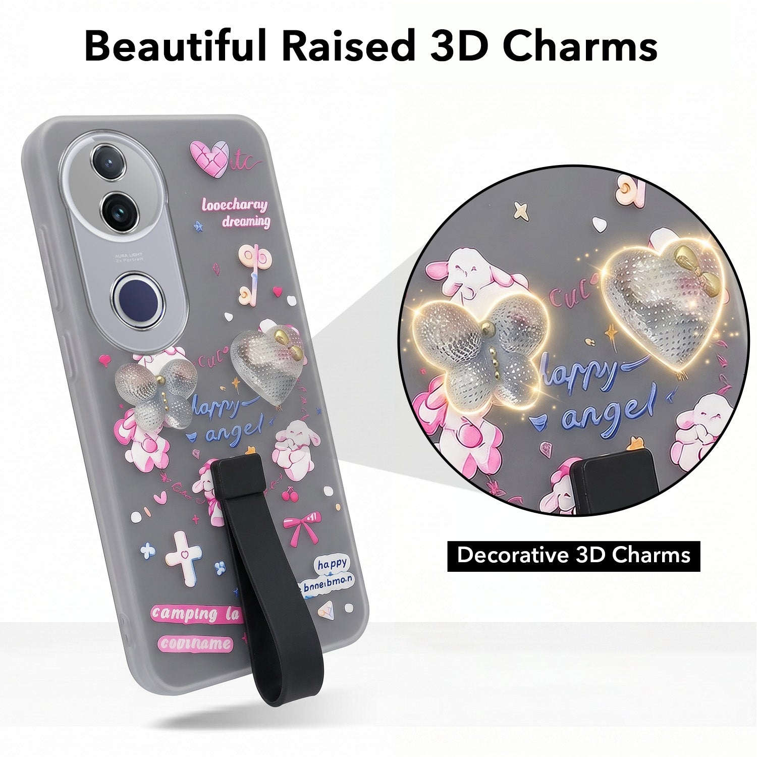For Vivo T4R  Back Cover Case (3D Cute Heart Strap Holder | Camera Protection | Designer Girls Print)