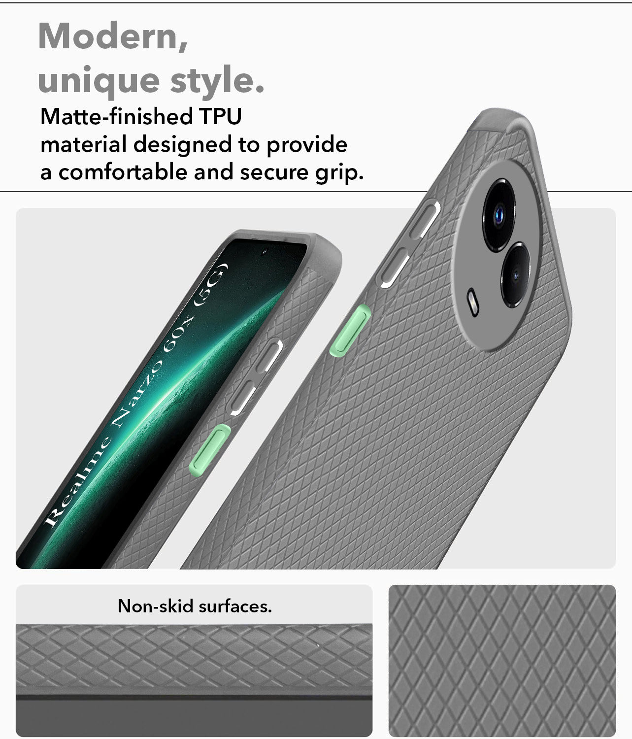 For Realme Narzo 60x Back Cover Case (Liquid Silicone | Side Grip | Camera Protection)
