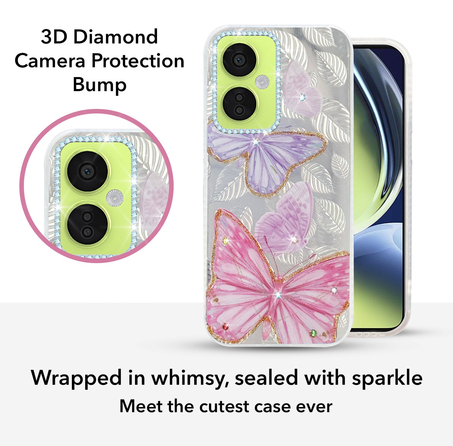 For OnePlus Nord CE 3 Lite Back Cover Case (Luxury Floral Glitter Cute Butterfly | Diamond Studded Camera Bump | Girls & Women Design)