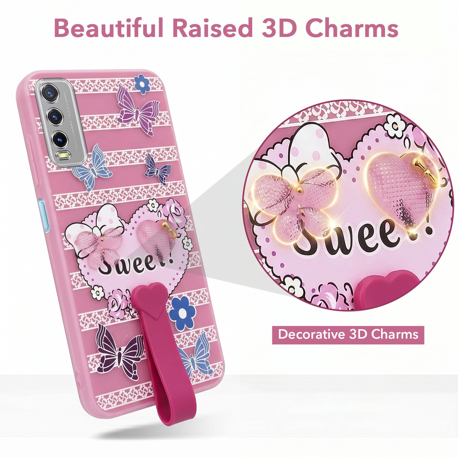 For Vivo Y20 | Y20i  Back Cover Case (3D Cute Heart Strap Holder | Camera Protection | Designer Girls Print)