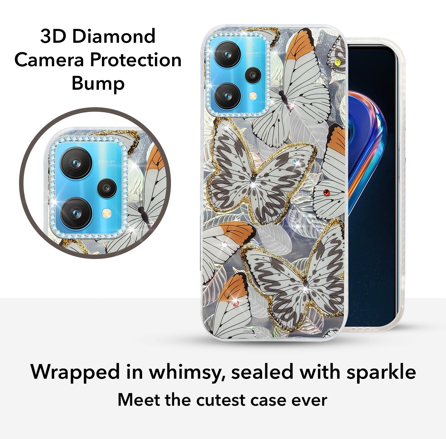 For Realme 9 Pro Back Cover Case (Luxury Floral Glitter Cute Butterfly | Diamond Studded Camera Bump | Girls & Women Design)