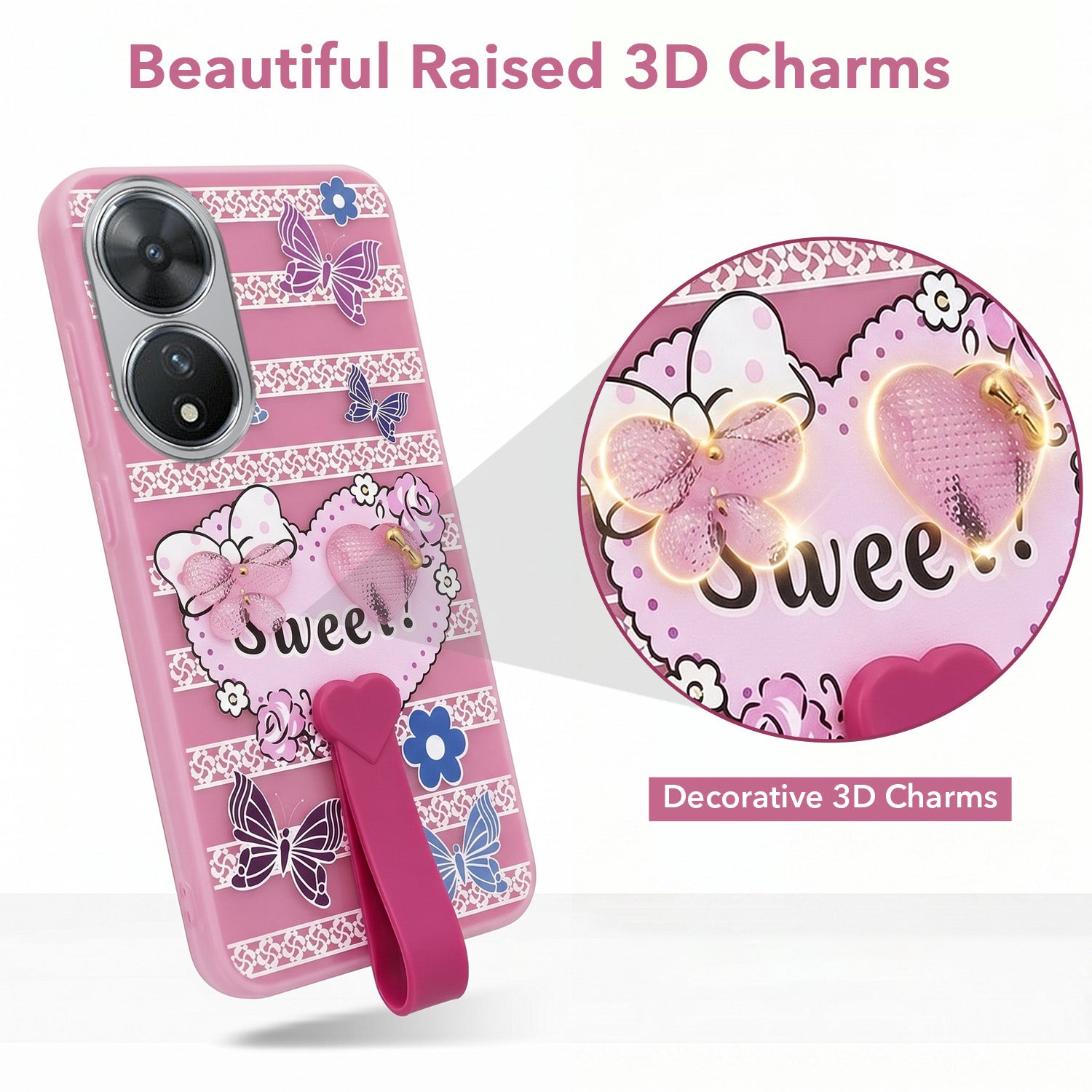 For Vivo T2 Back Cover Case (3D Cute Heart Strap Holder | Camera Protection | Designer Girls Print)