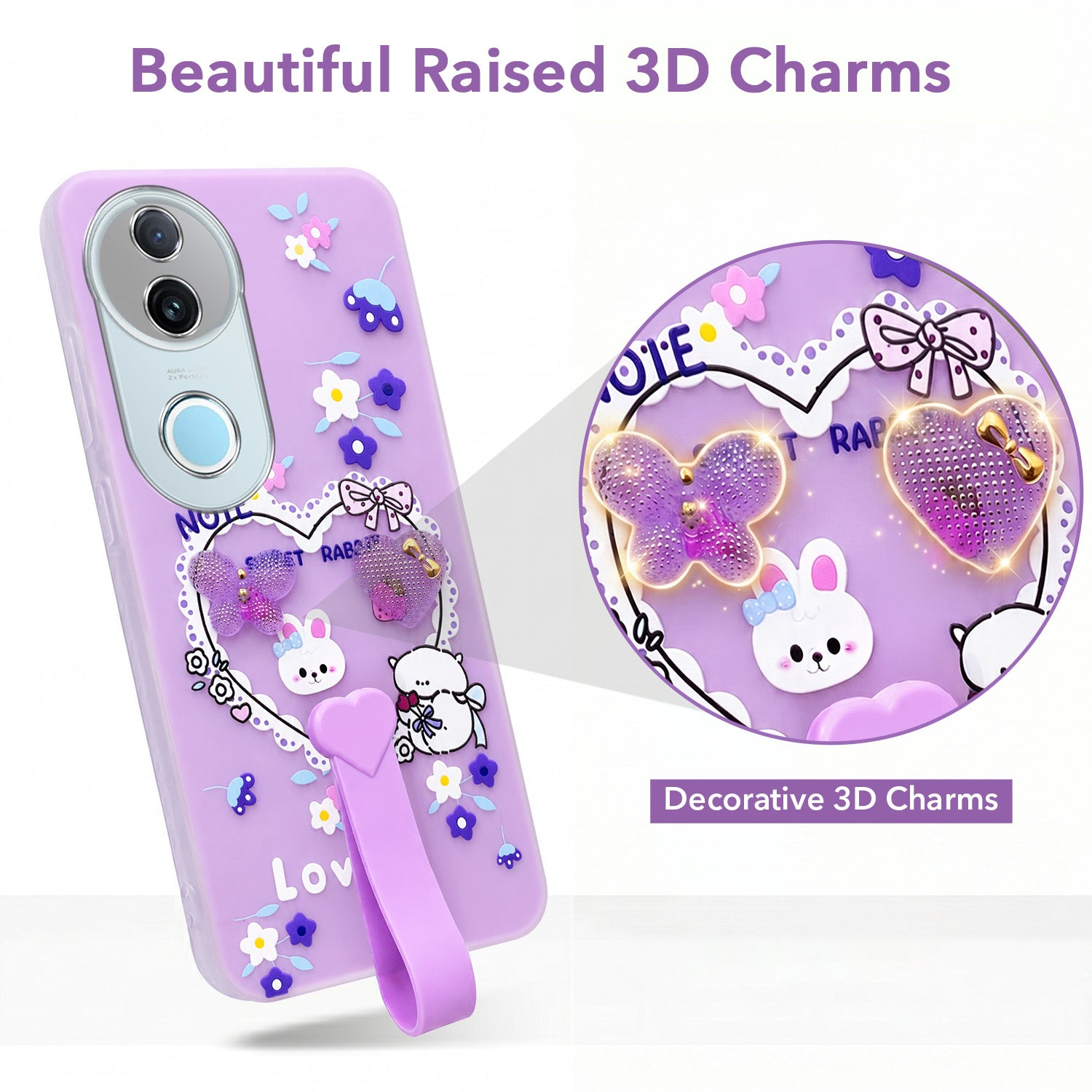 For Vivo iQOO Z10R Back Cover Case (3D Cute Heart Strap Holder | Camera Protection | Designer Girls Print)
