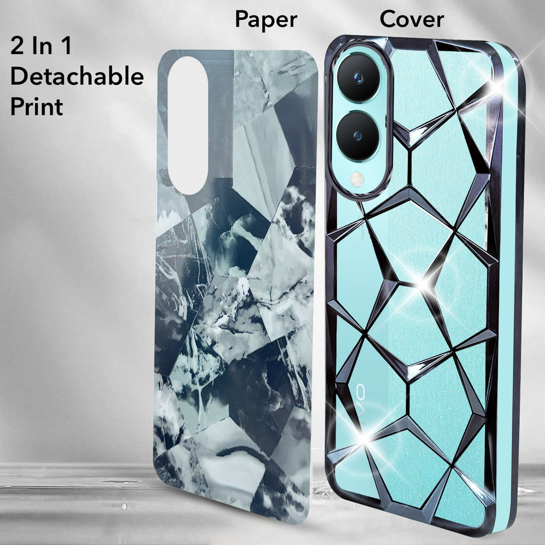 For Vivo Y28 5G Back Cover Case (Dual Design Glitter Sparkle and Detachable Diamond Print Case | Soft and Flexible)