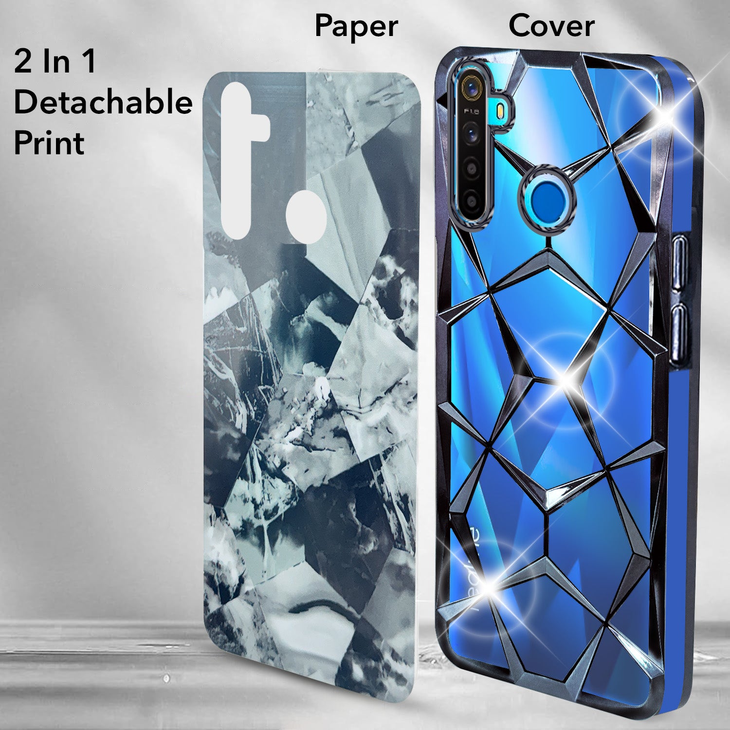 For Realme 5 | 5s | 5i Back Cover Case (Dual Design Glitter Sparkle and Detachable Diamond Print Case | Soft and Flexible)