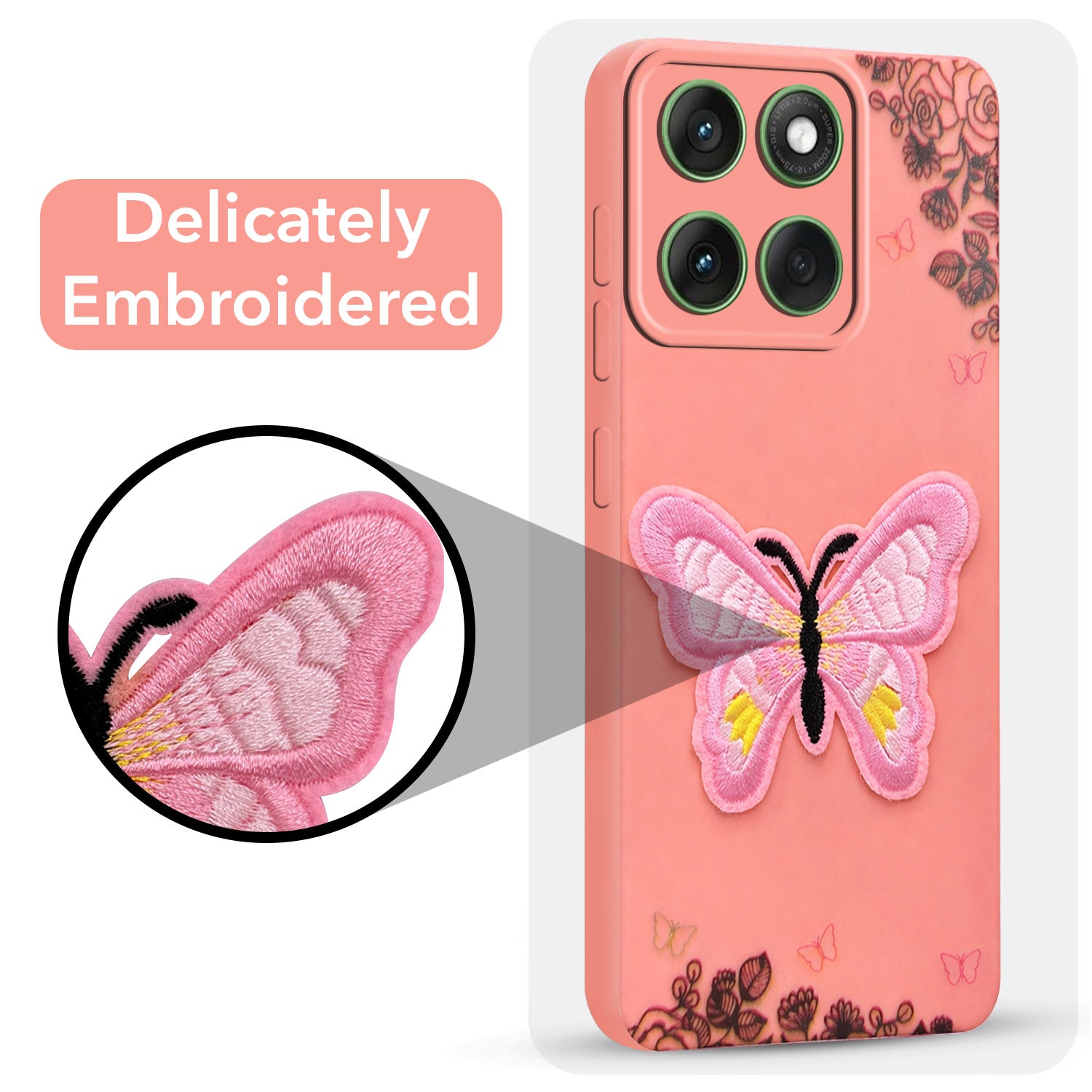 For Motorola Moto Edge 60 Back Cover Case (Soft Butterfly Embroidery | Women Teen Girls | Camera Protection| Matte Silicone)