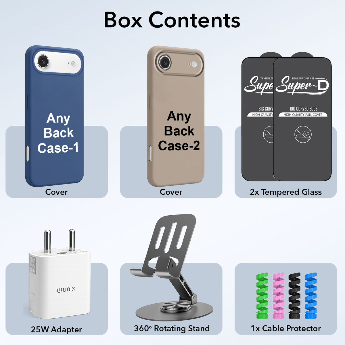Complete Mobile Care Kit (Get Any 2 Cases+2 Tempered Glass+25W Charger Adapter+Metallic Mobile Stand+Cable Protector)