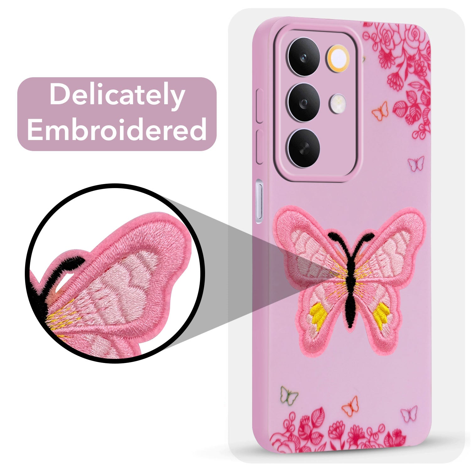 For Realme C85 5G | Realme Narzo 90x Back Cover Case (Soft Butterfly Embroidery | Women Teen Girls | Camera Protection| Matte Silicone)