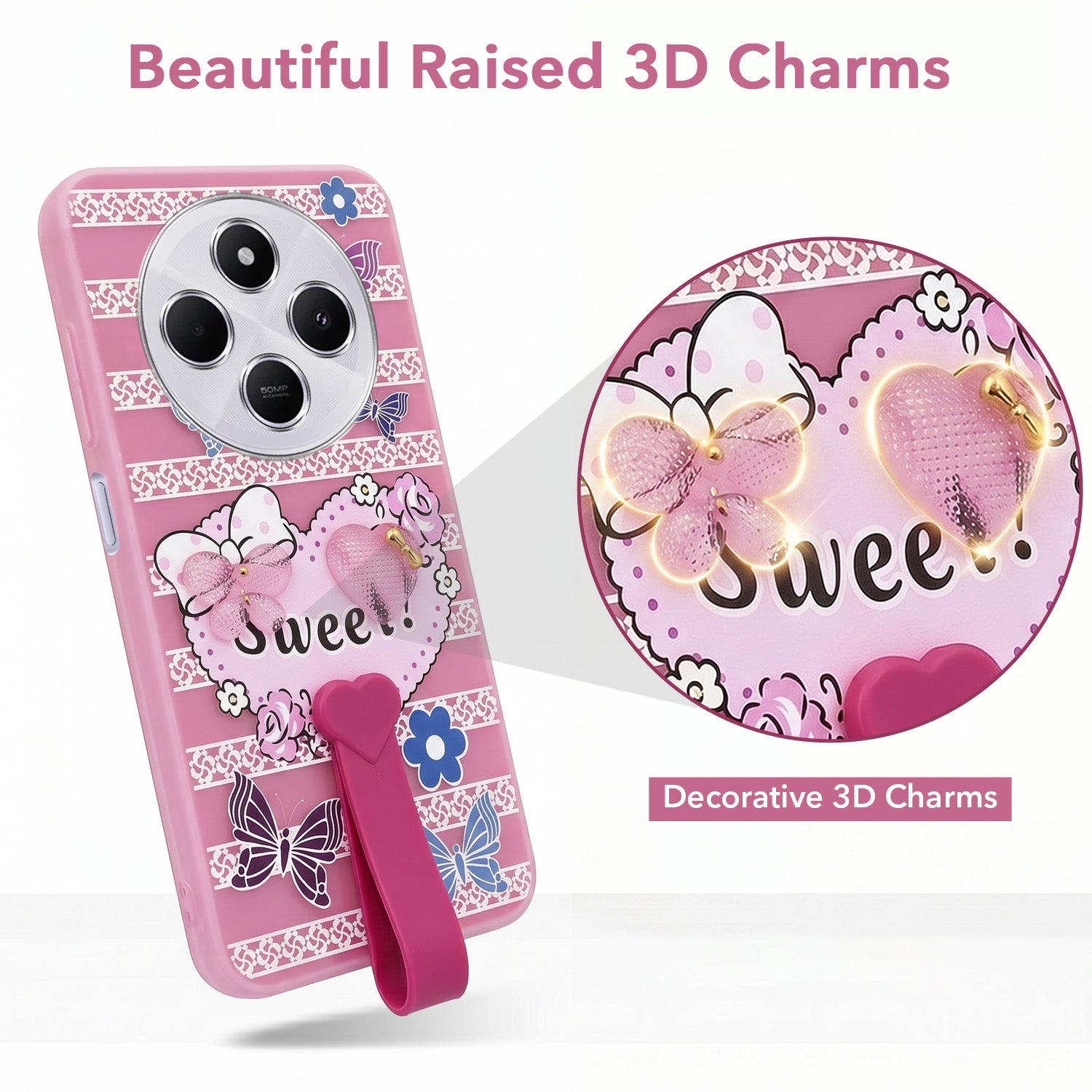 For Redmi A4 5G | Xiaomi Redmi 14C Back Cover Case (3D Cute Heart Strap Holder | Camera Protection | Designer Girls Print)