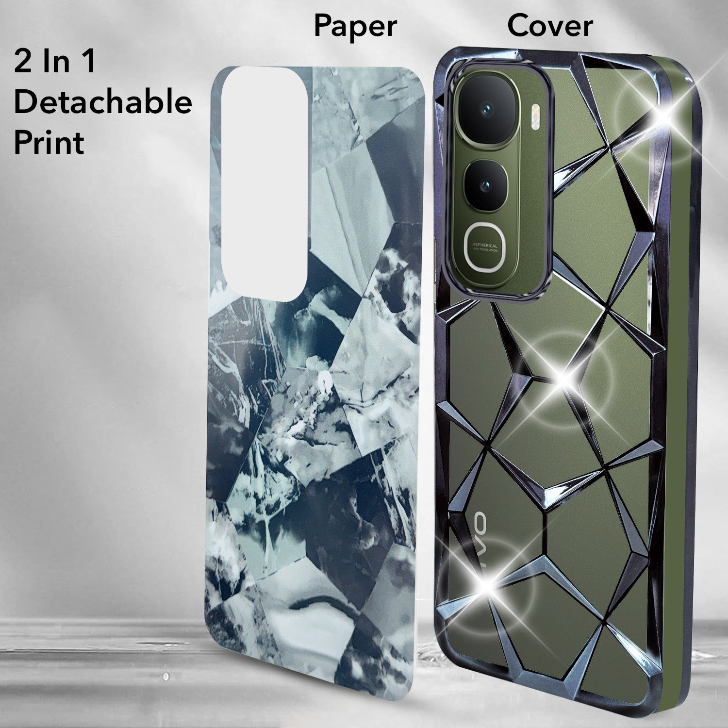 For Vivo Y400 Back Cover Case 3D Silicone Compatible (Dual Design Glitter Sparkle and Detachable Diamond Print Case | Soft and Flexible)