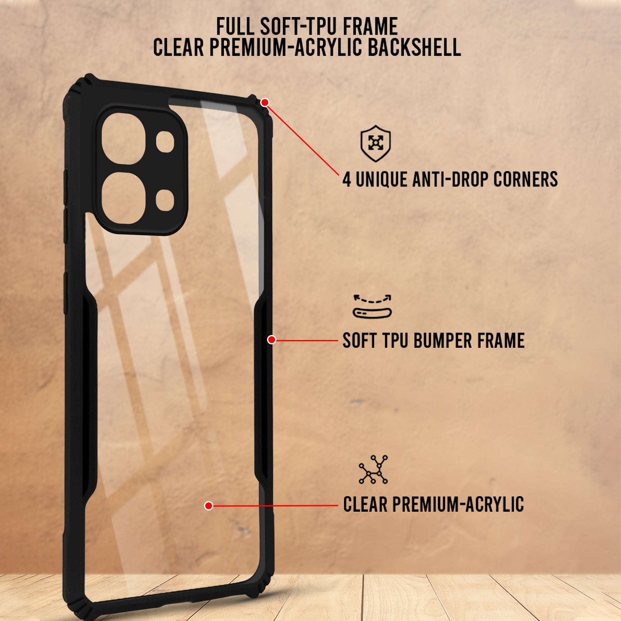 For Oppo F31 5G | Oppo F33 5G Back Cover Case Hybrid (Shockproof with Polycarbonate Clear Panel | Professional Black)