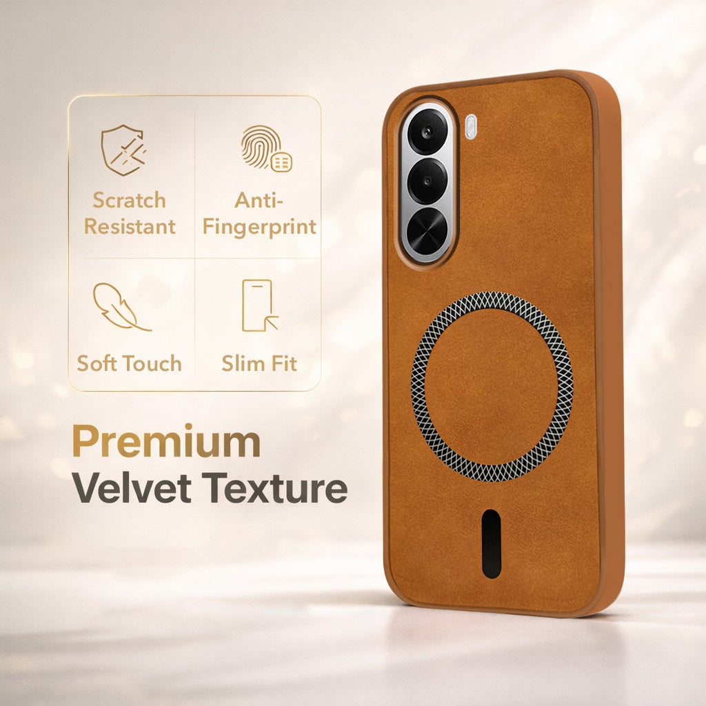 For Realme P4x Back Cover Case Leather Finish (MagSafe Compatible Wireless Charging | Soft Touch | Camera Bump Protection)