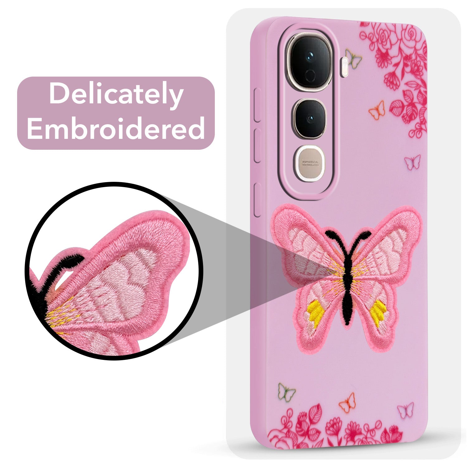 For Vivo Y400 Pro Back Cover Case (Soft Butterfly Embroidery | Women Teen Girls | Camera Protection| Matte Silicone)