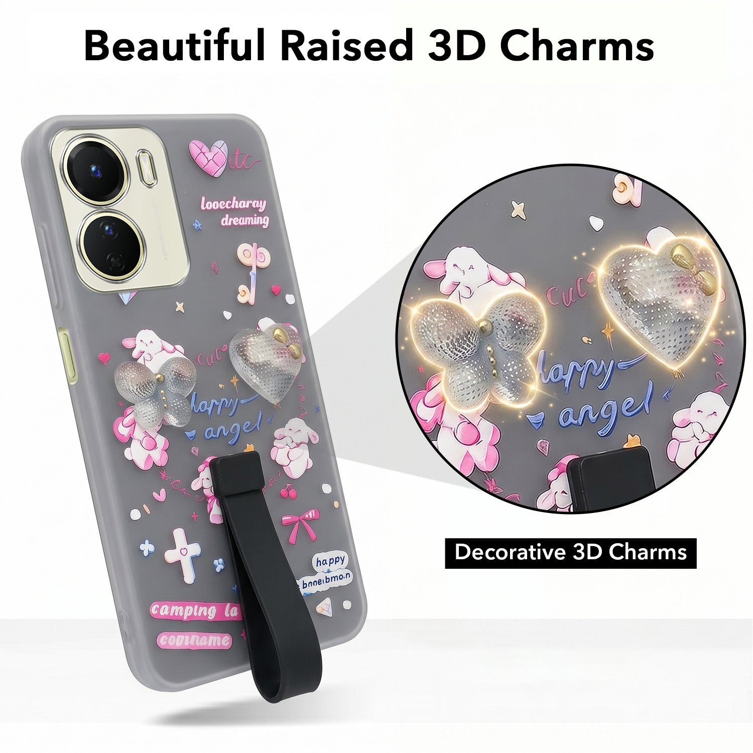 For Vivo Y16 Back Cover Case (3D Cute Heart Strap Holder | Camera Protection | Designer Girls Print)