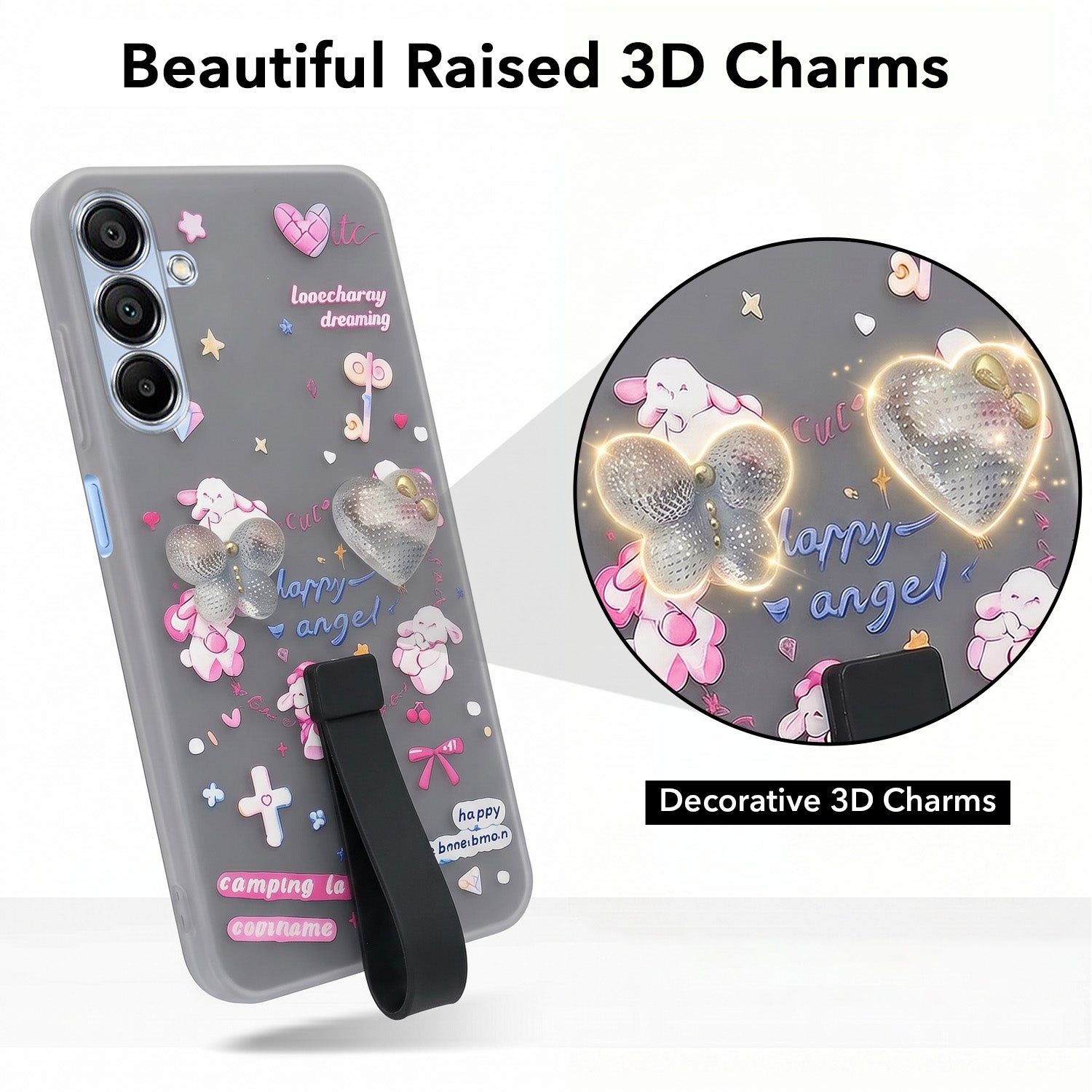 For Samsung Galaxy A15 5G Back Cover Case (3D Cute Heart Strap Holder | Camera Protection | Designer Girls Print)