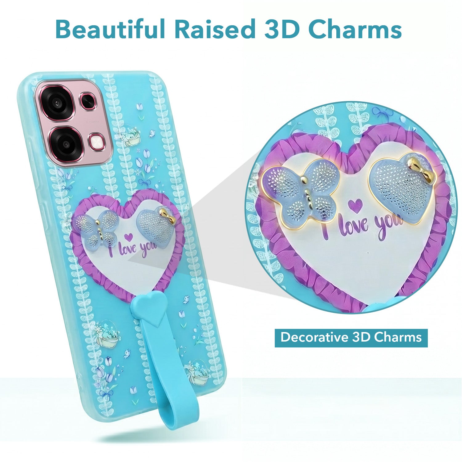For Oppo F31 5G | Oppo F33 5G Back Cover Case (3D Cute Heart Strap Holder | Camera Protection | Designer Girls Print)
