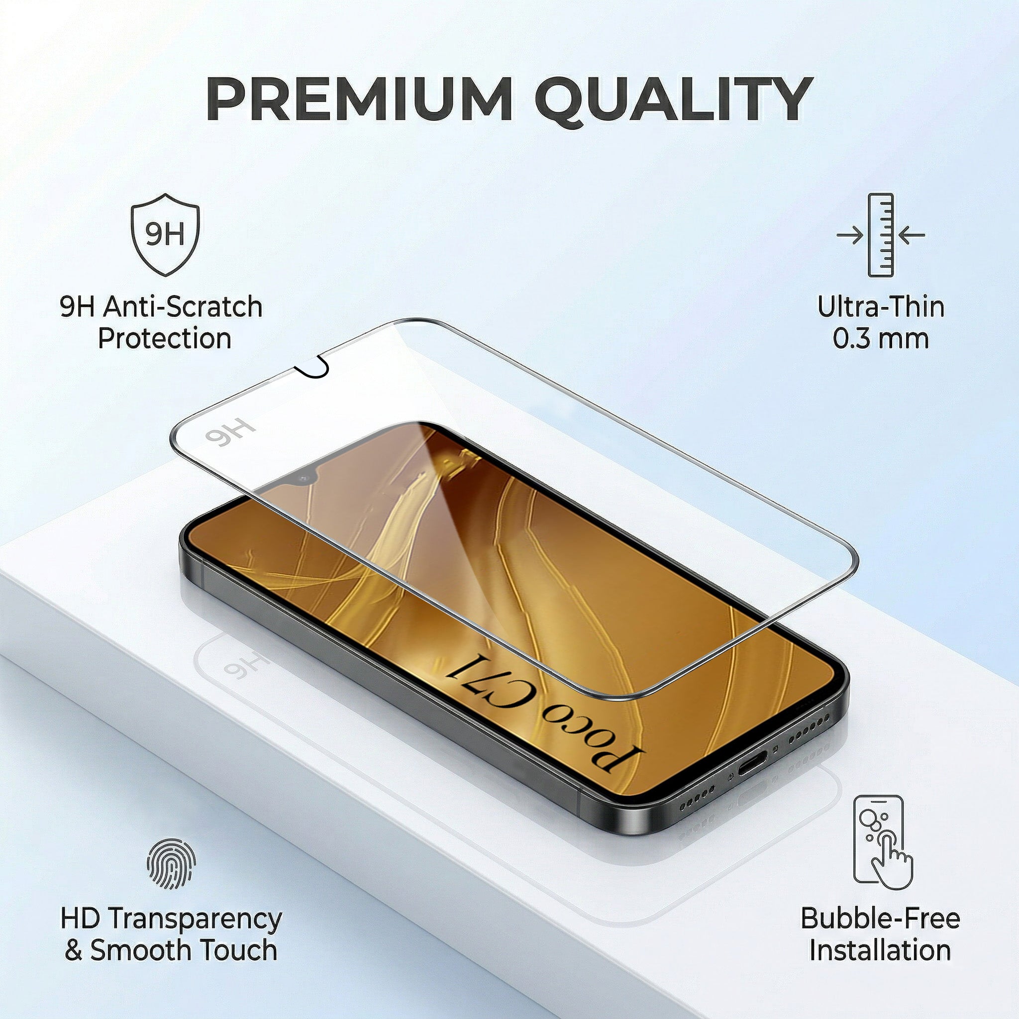 For Poco C71 Combo with Back Cover and 9H Tempered Glass (Lifetime Anti-Yellow | Sleek Hard Crystal | Oleophobic Coating Screen Glass)