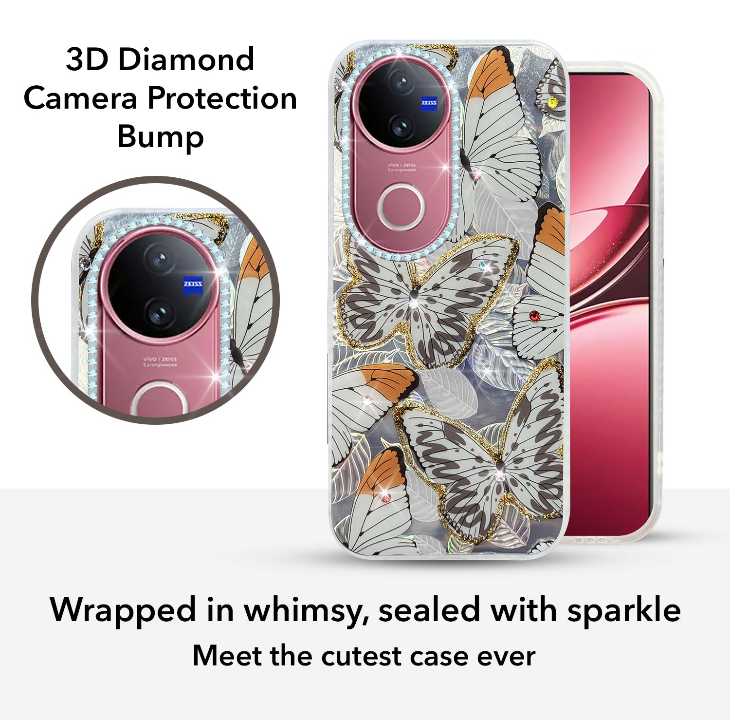 For Vivo V50 | Vivo V50e Back Cover Case (Luxury Floral Glitter Cute Butterfly | Diamond Studded Camera Bump | Girls & Women Design)