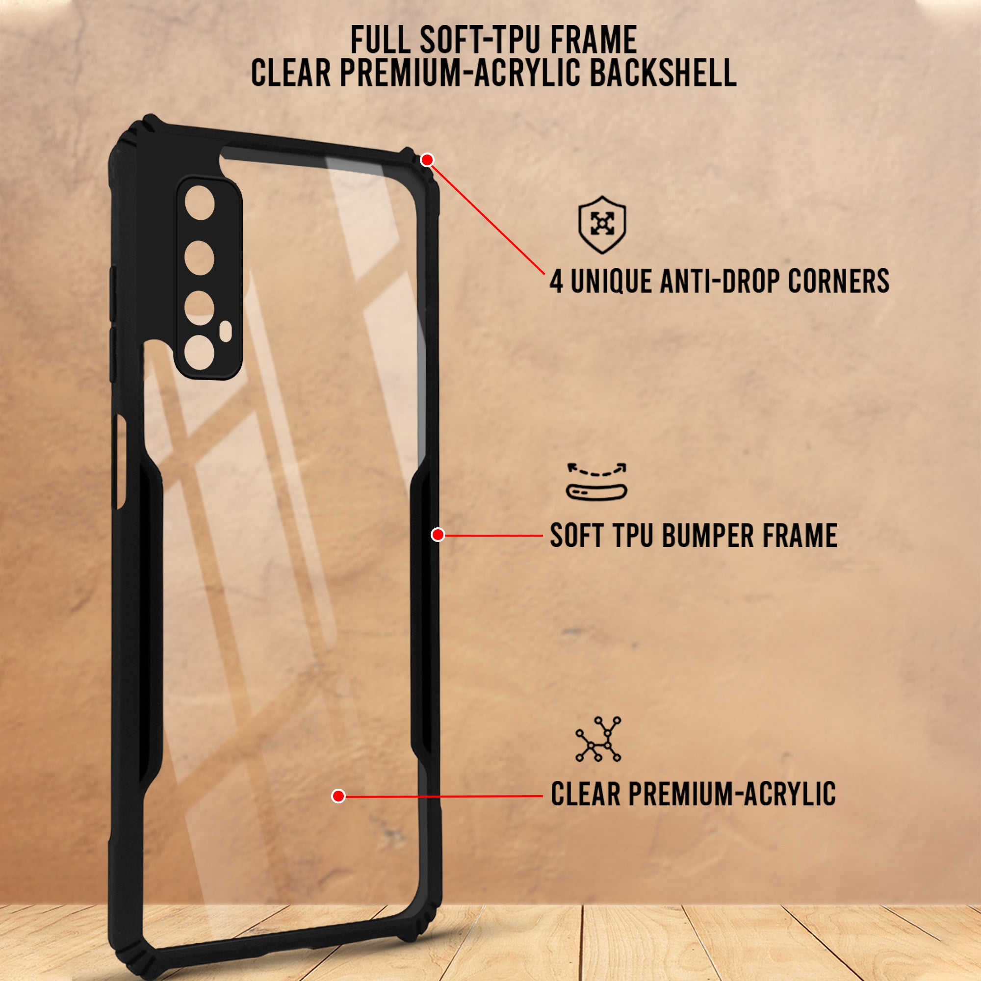 For Realme Narzo 20 Pro Back Cover Case ( Shockproof with Polycarbonate Clear Panel | Professional Black)