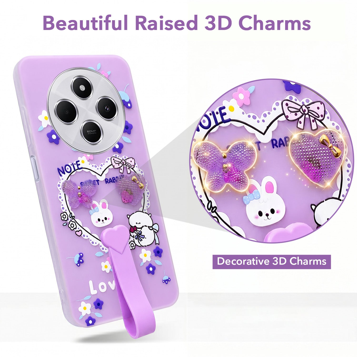 For Redmi A4 5G | Xiaomi Redmi 14C Back Cover Case (3D Cute Heart Strap Holder | Camera Protection | Designer Girls Print)