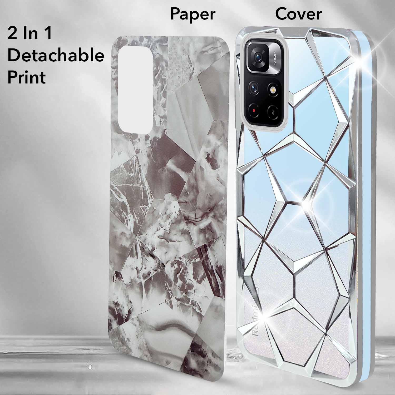 For Xiaomi Redmi Note 11T Back Cover Case 5G 3D Silicone Compatible (Dual Design Glitter Sparkle and Detachable Diamond Print Case | Soft and Flexible)
