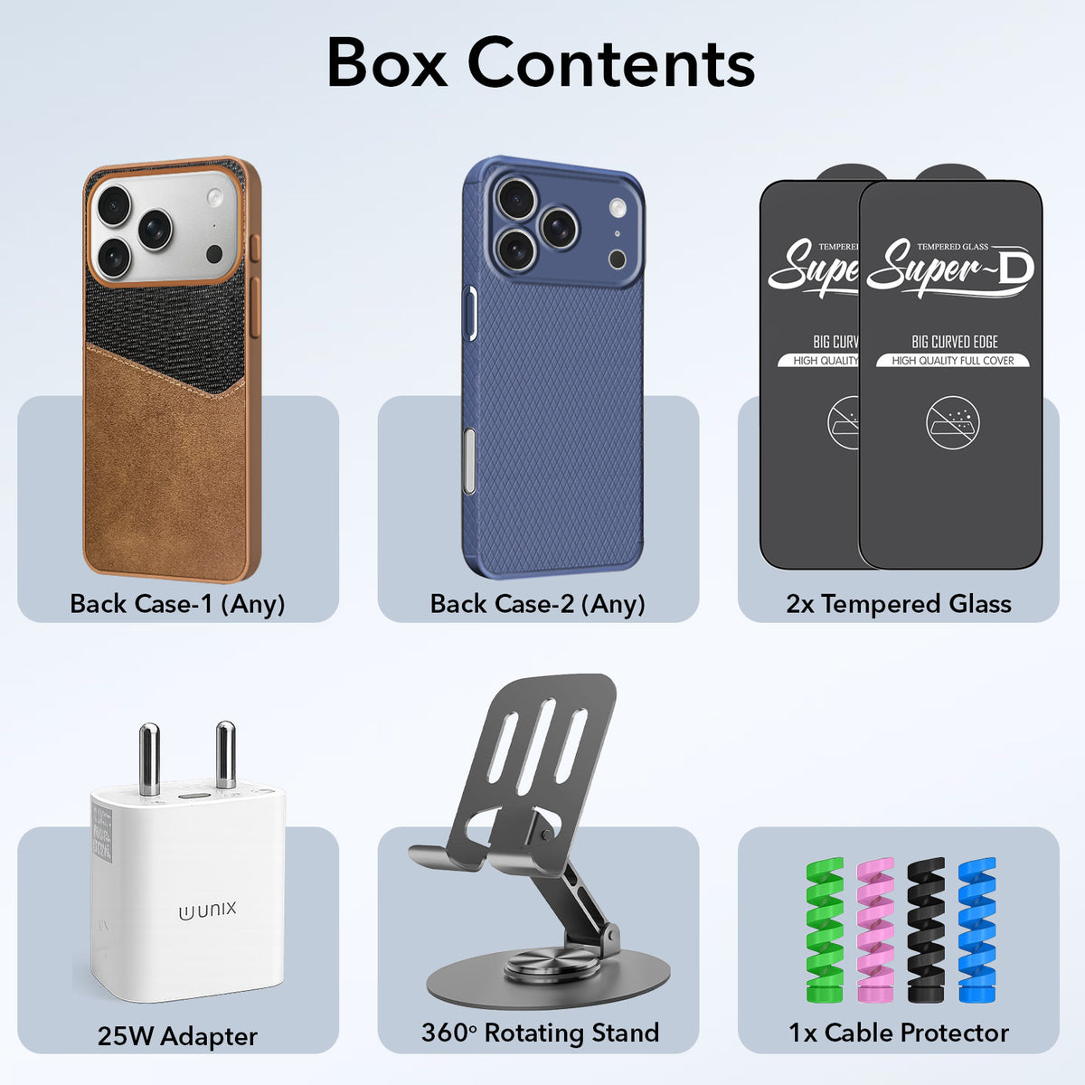 Complete Mobile Care Kit (Get Any 2 Cases+2 Tempered Glass+25W Charger Adapter+Metallic Mobile Stand+Cable Protector)